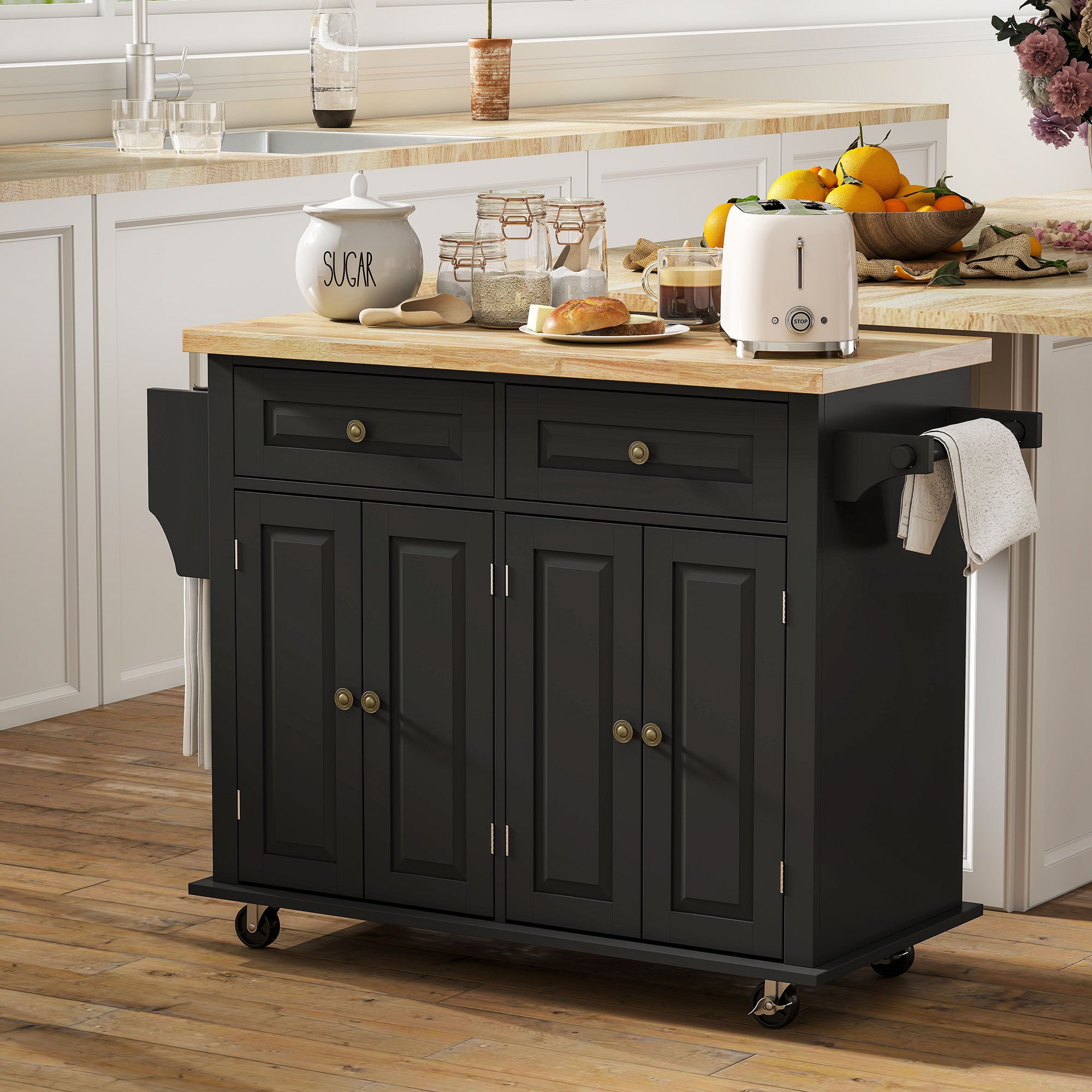 Rolling Kitchen Island - Black Wood Top with Storage 44" W-DECOROLALA