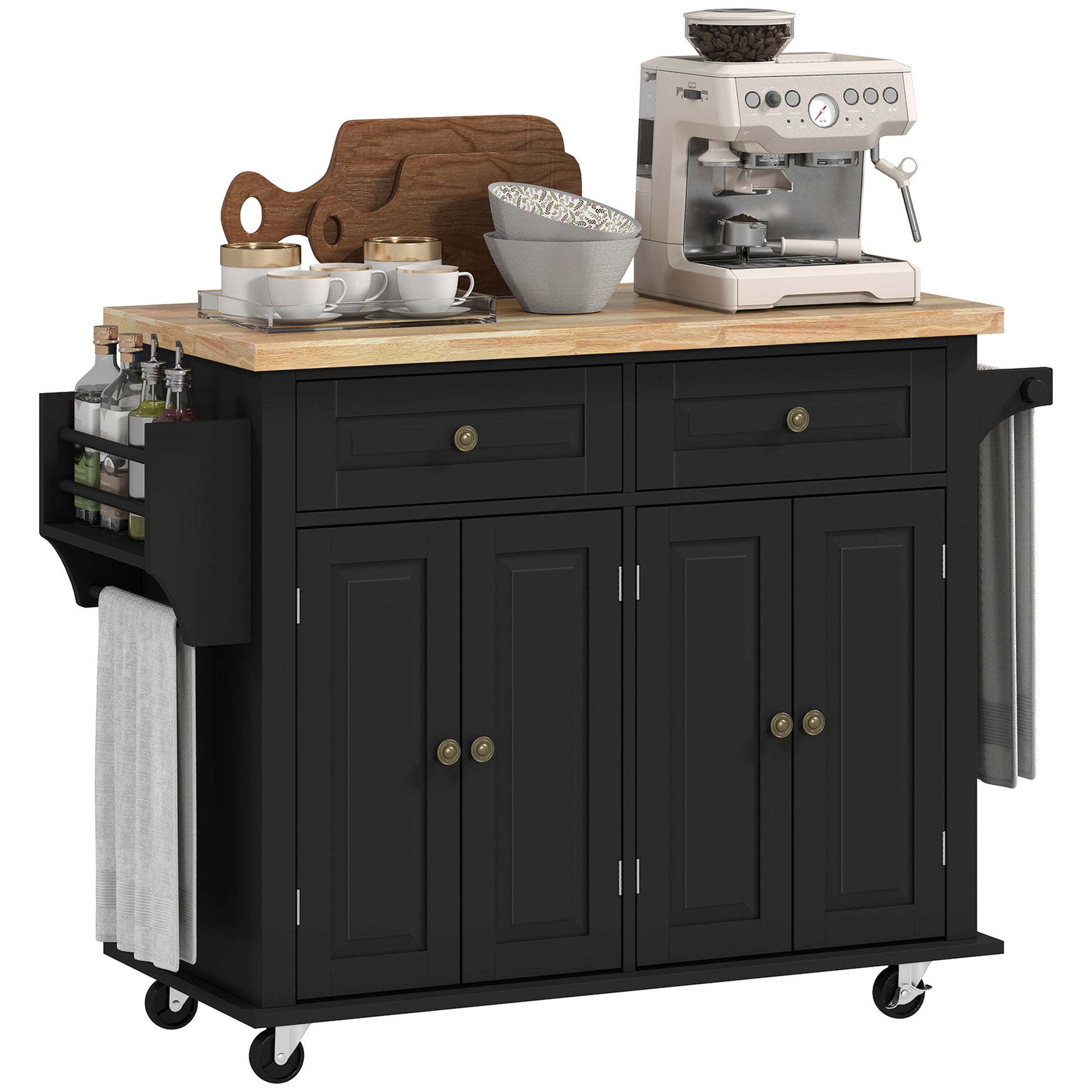Rolling Kitchen Island - Black Wood Top with Storage 44" W-DECOROLALA