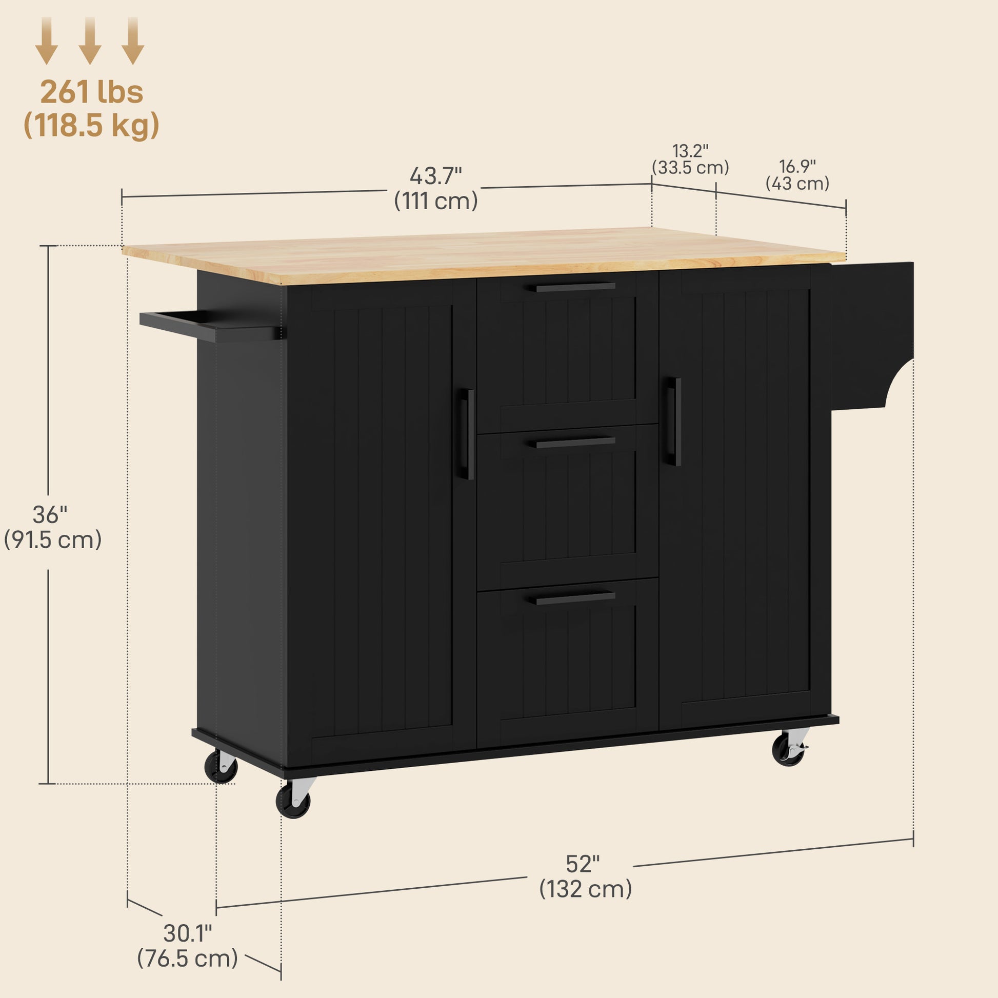 Rolling Kitchen Island Cart with Drop Leaf - Black-DECOROLALA