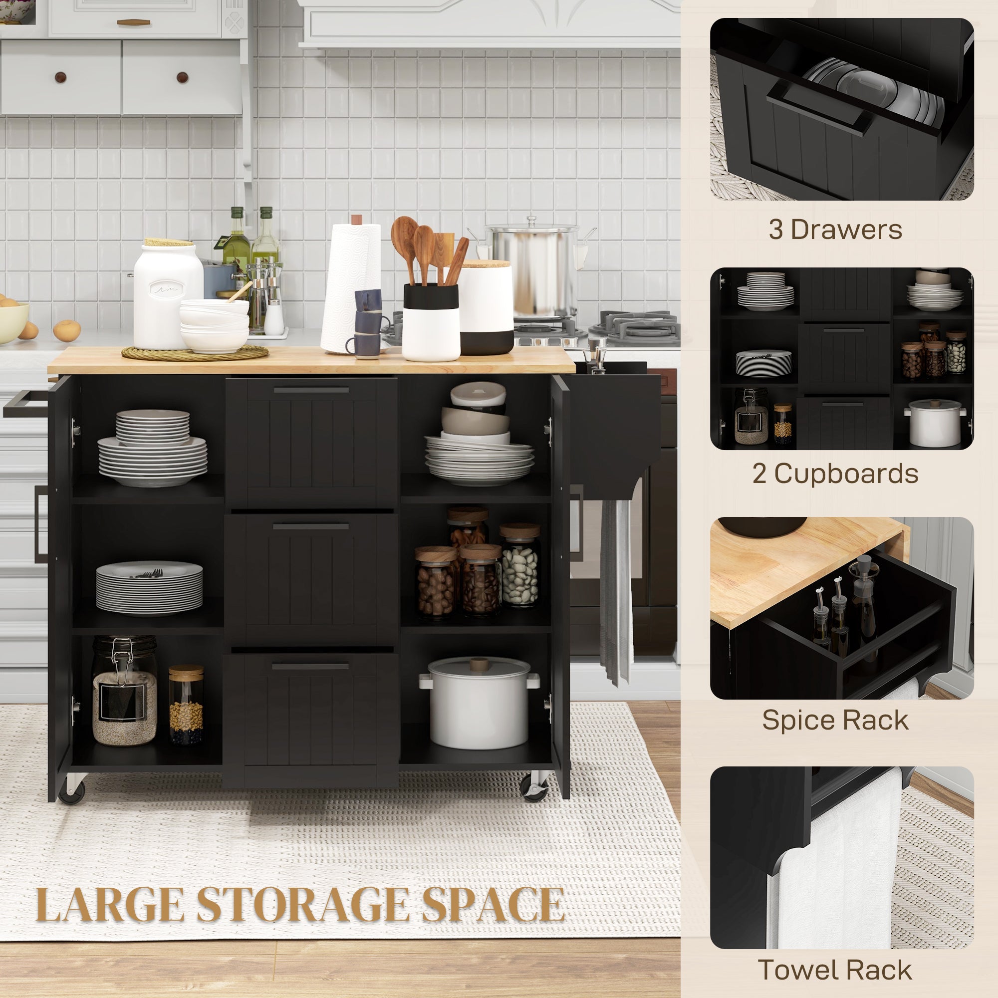 Rolling Kitchen Island Cart with Drop Leaf - Black-DECOROLALA