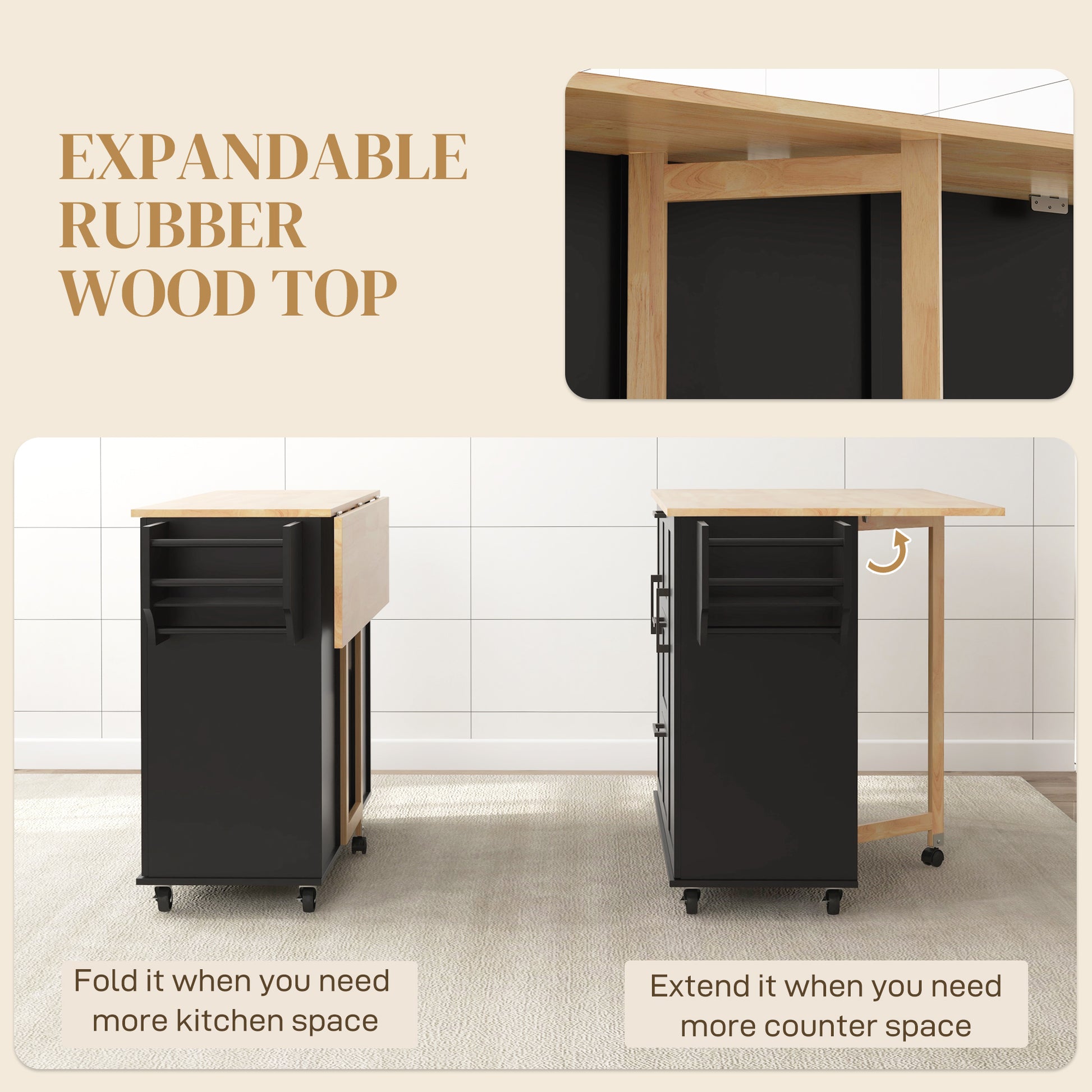 Rolling Kitchen Island Cart with Drop Leaf - Black-DECOROLALA