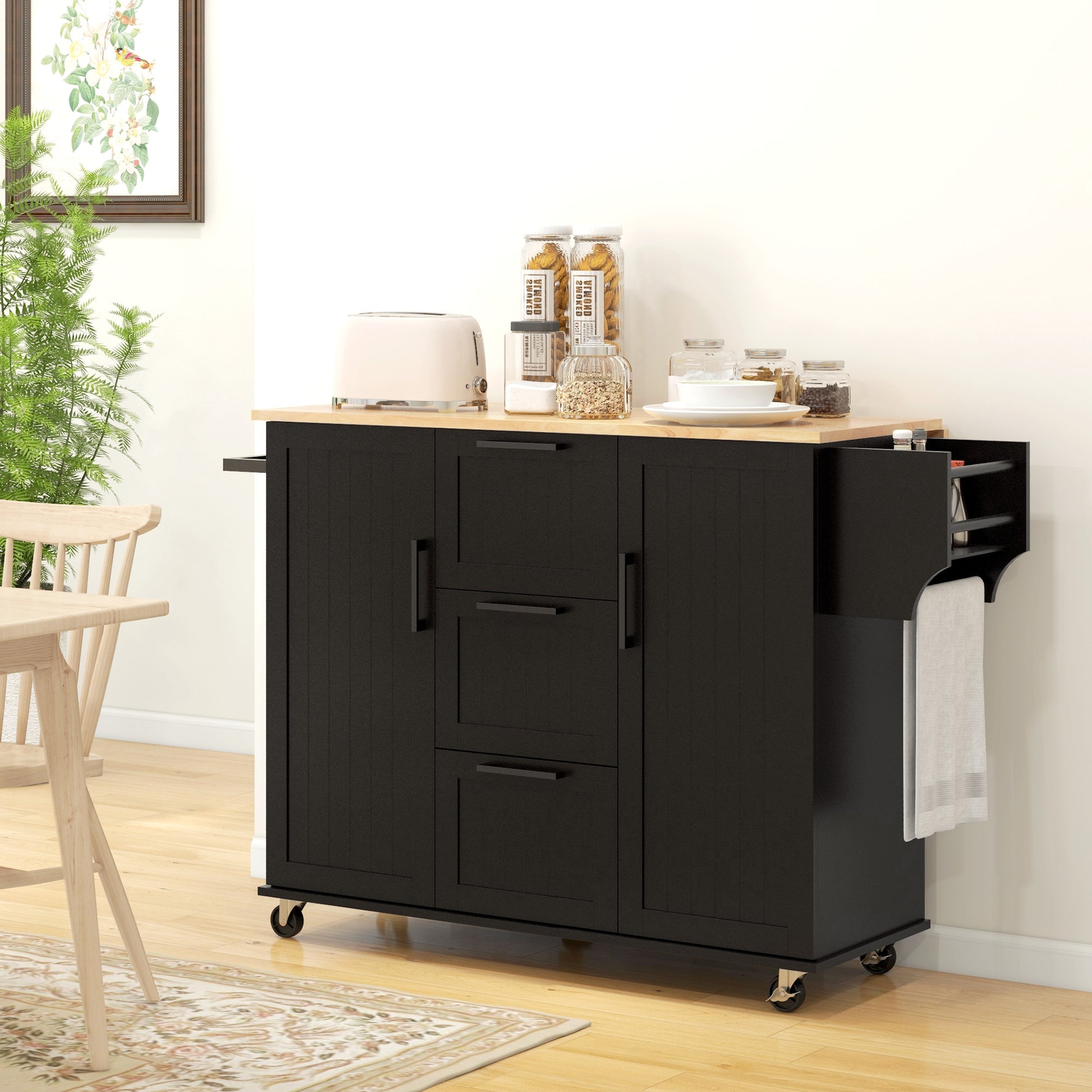 Rolling Kitchen Island Cart with Drop Leaf - Black-DECOROLALA