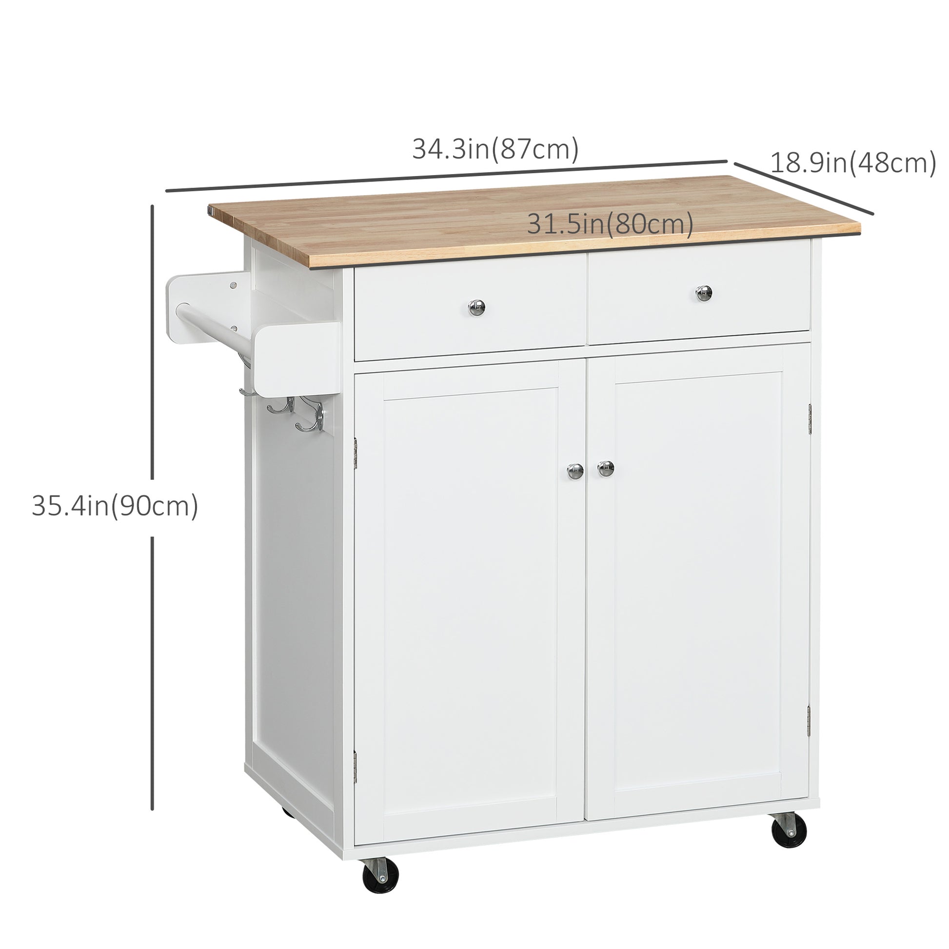 Rolling Kitchen Island Cart with Rubber Wood Top - White 34"W-DECOROLALA