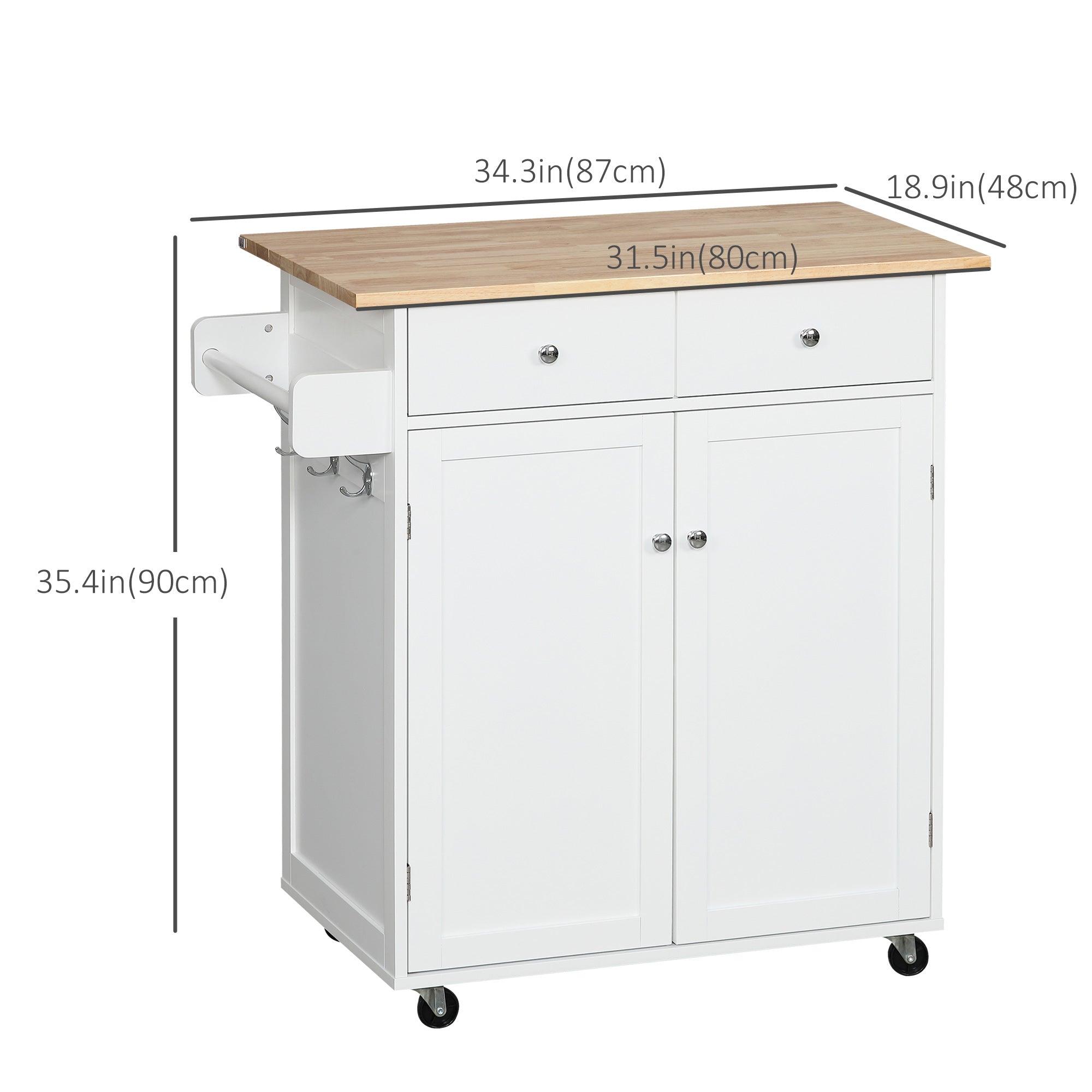 Rolling Kitchen Island Cart with Rubber Wood Top - White 34"W-DECOROLALA