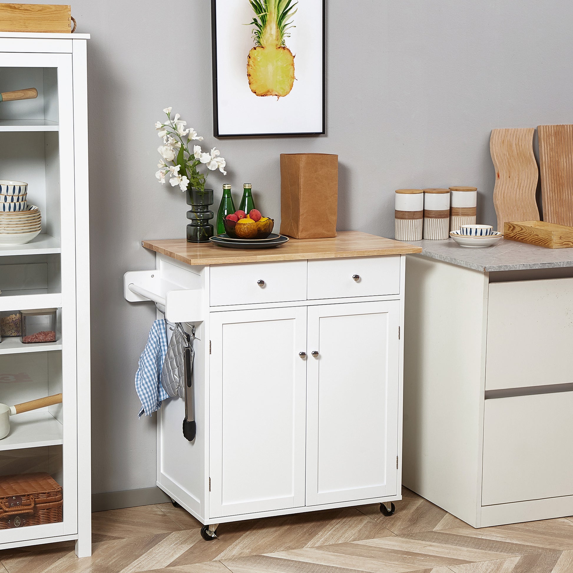 Rolling Kitchen Island Cart with Rubber Wood Top - White 34"W-DECOROLALA