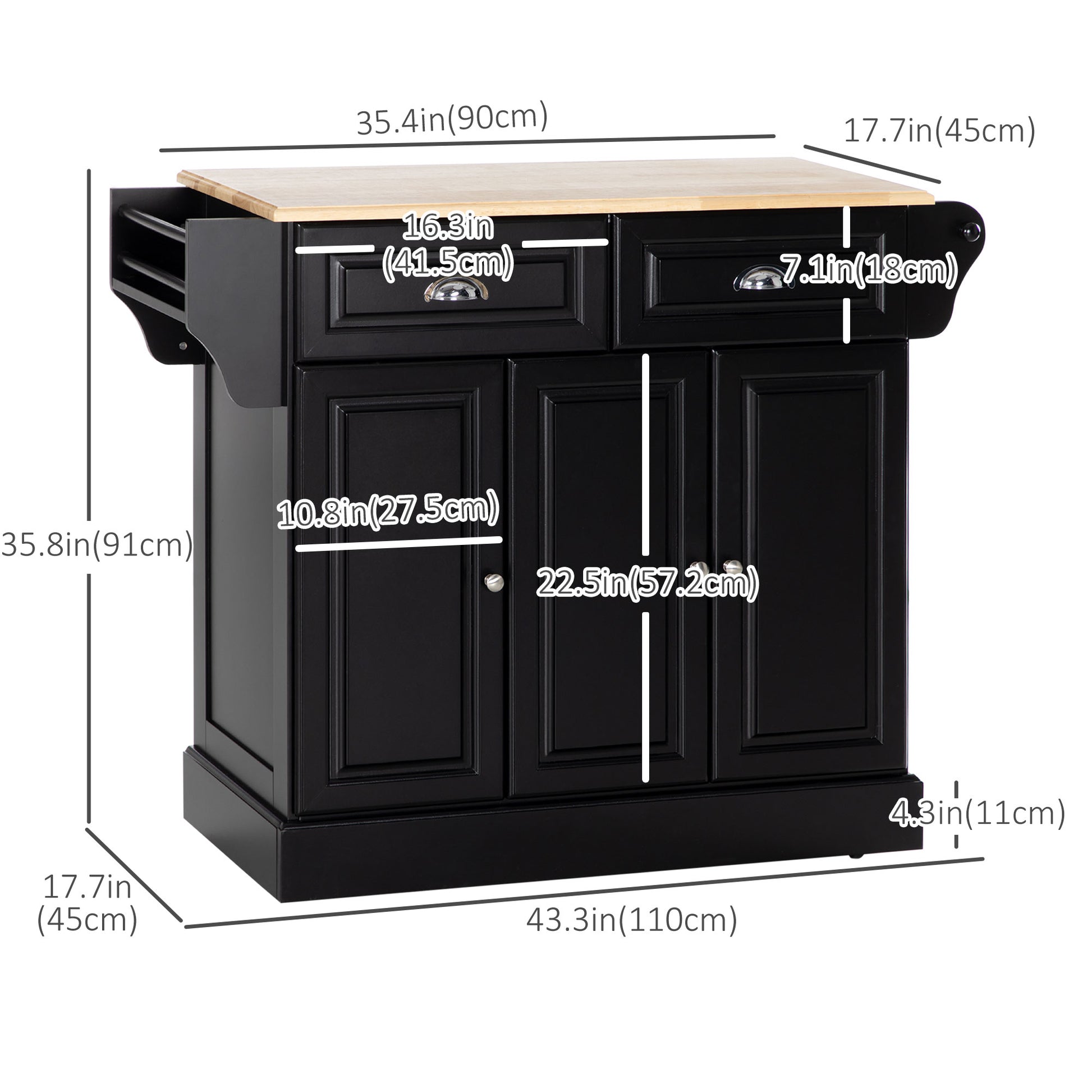 Rolling Kitchen Island Cart with Rubberwood Top - Black-DECOROLALA