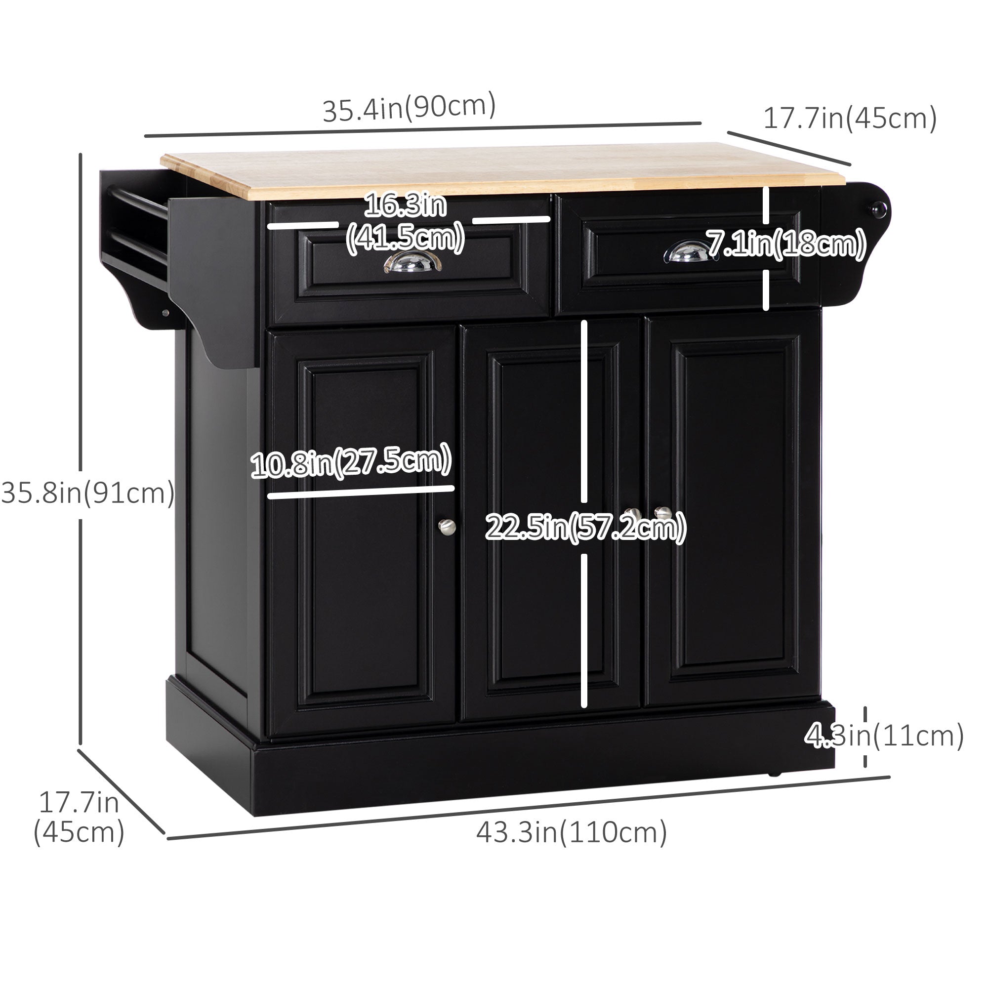 Rolling Kitchen Island Cart with Rubberwood Top - Black-DECOROLALA