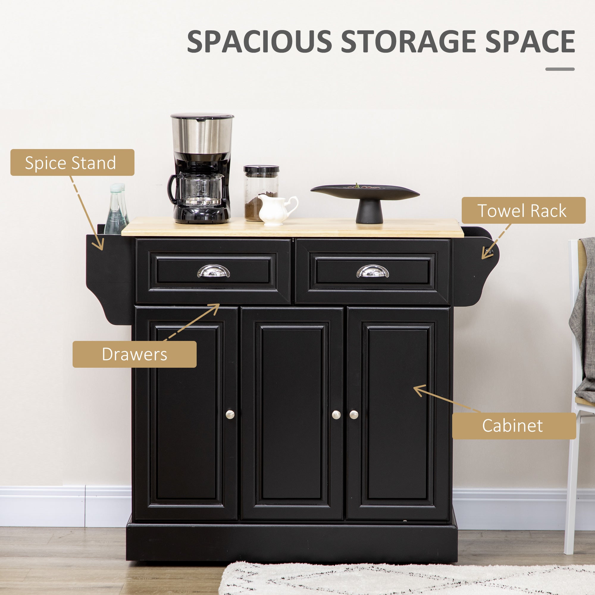Rolling Kitchen Island Cart with Rubberwood Top - Black-DECOROLALA