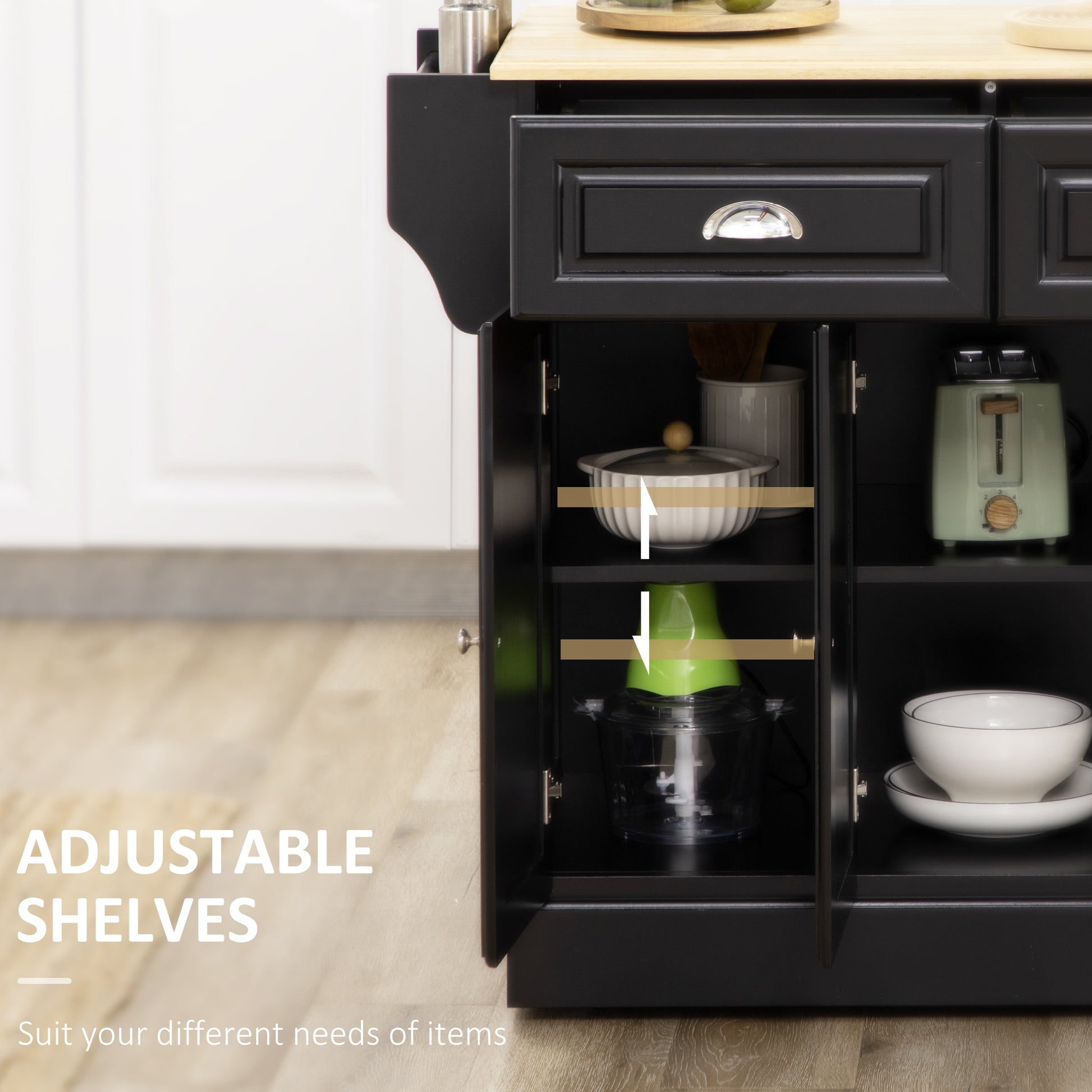 Rolling Kitchen Island Cart with Rubberwood Top - Black-DECOROLALA