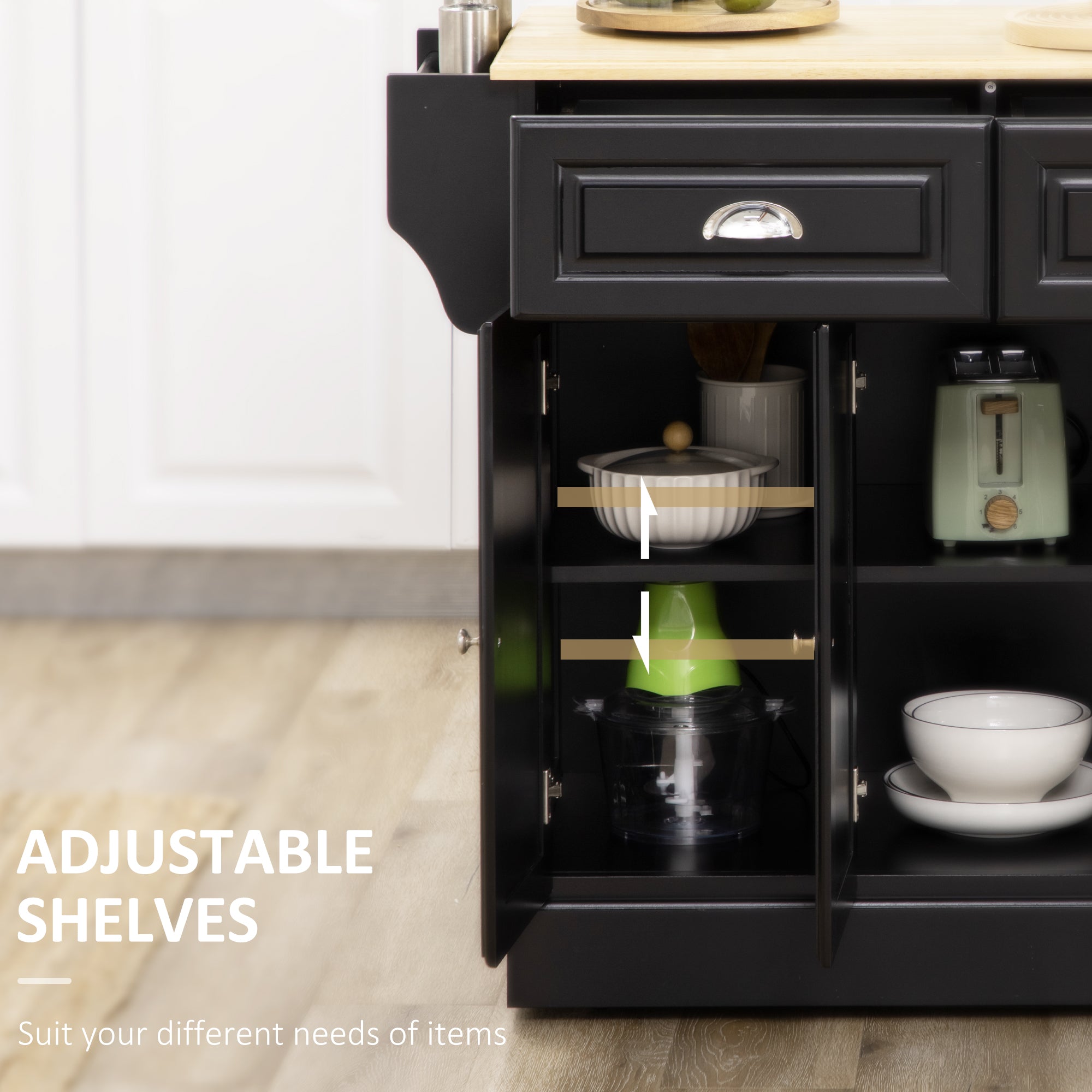 Rolling Kitchen Island Cart with Rubberwood Top - Black-DECOROLALA