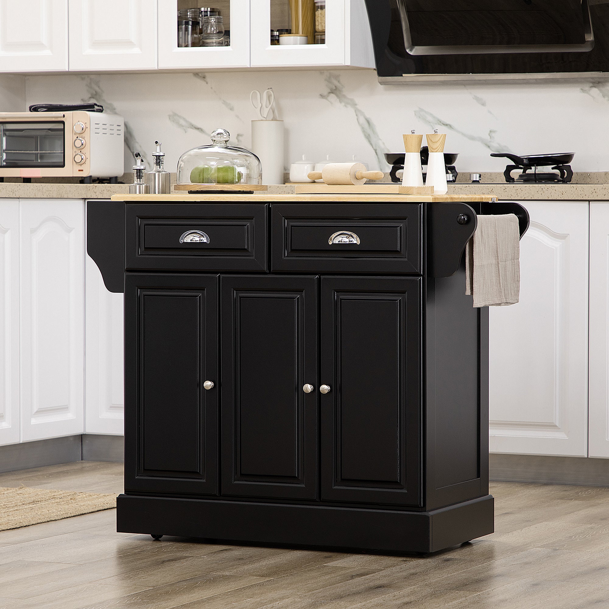 Rolling Kitchen Island Cart with Rubberwood Top - Black-DECOROLALA