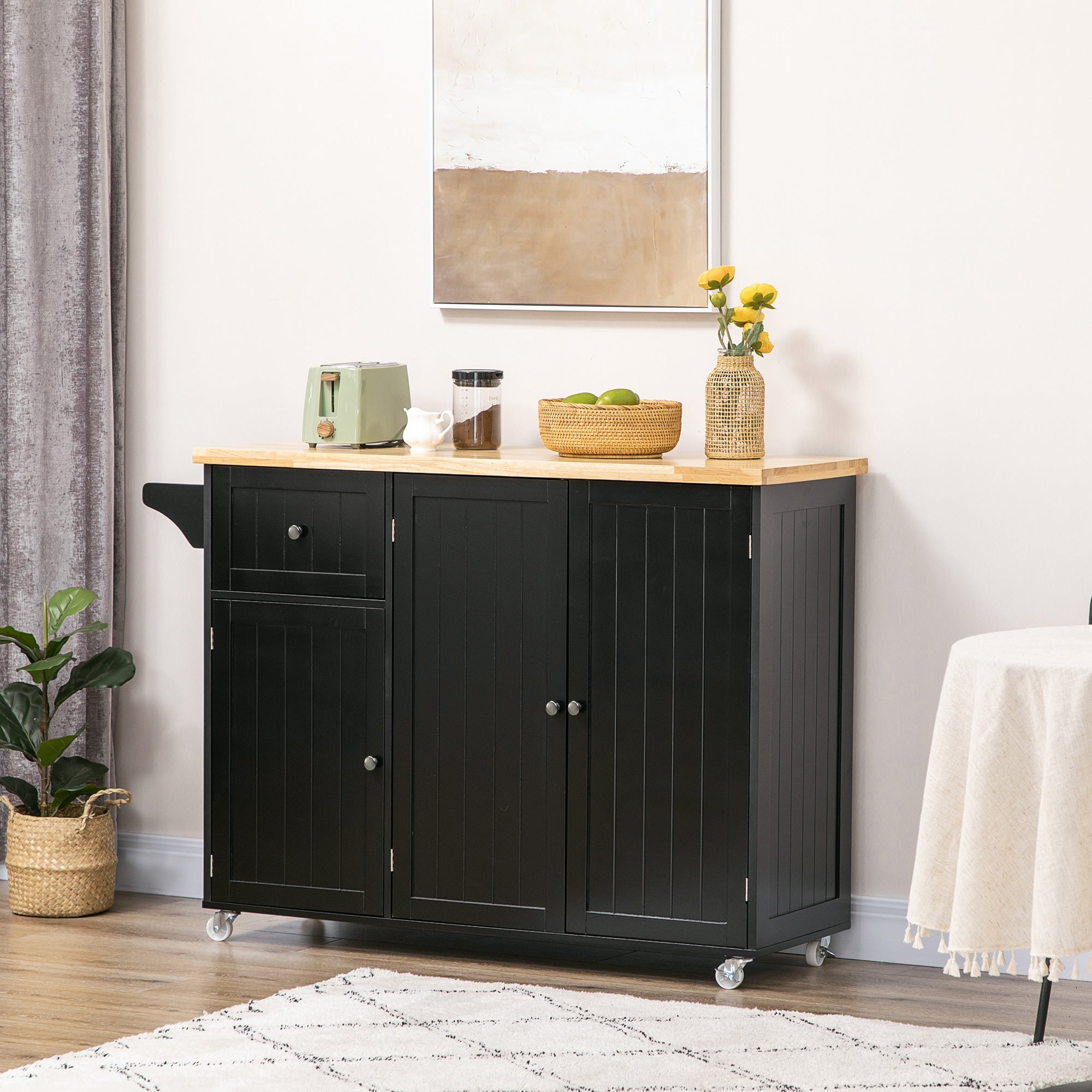 Rolling Kitchen Island Cart with Rubberwood Top - Black-DECOROLALA