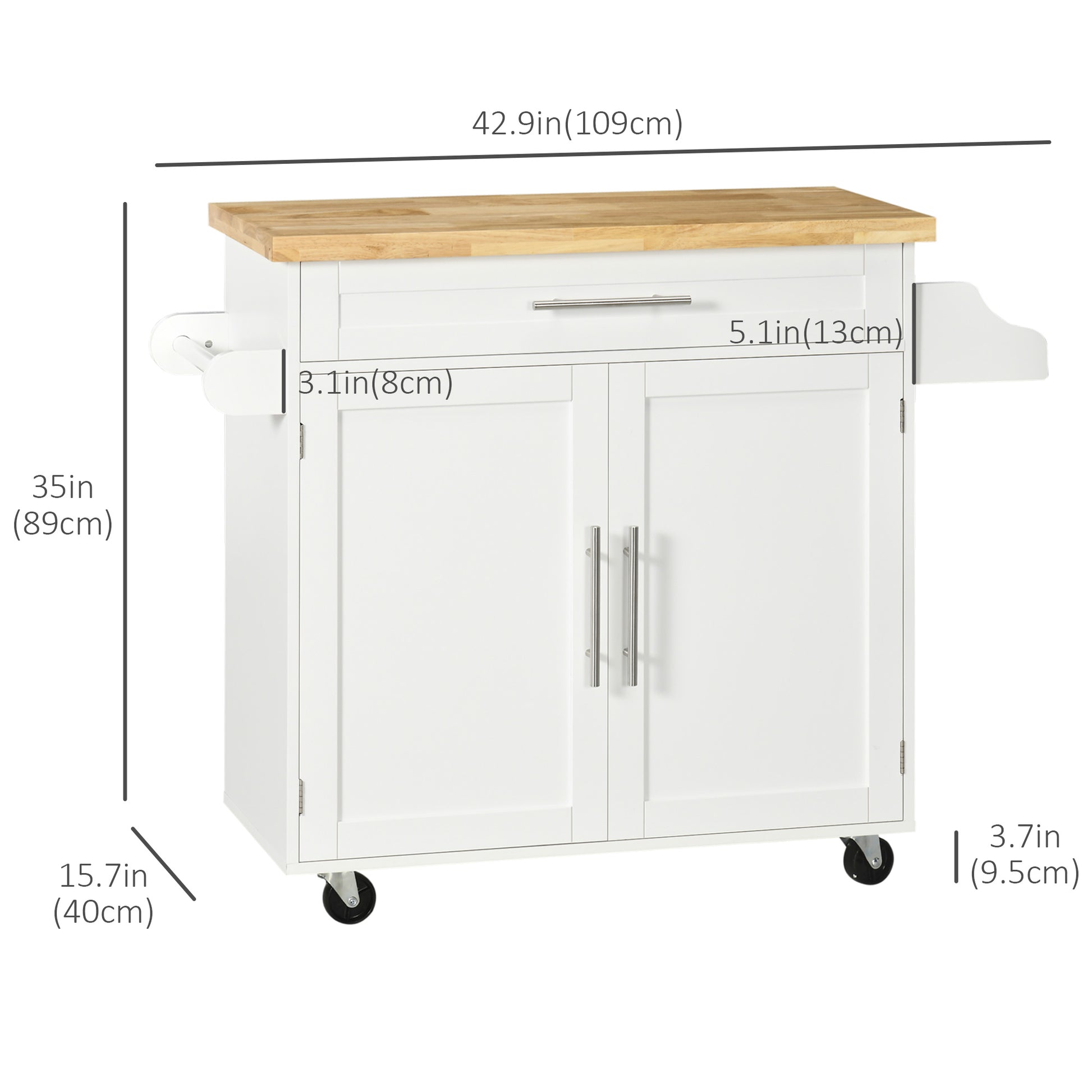 Rolling Kitchen Island Cart with Rubberwood Top - White-DECOROLALA