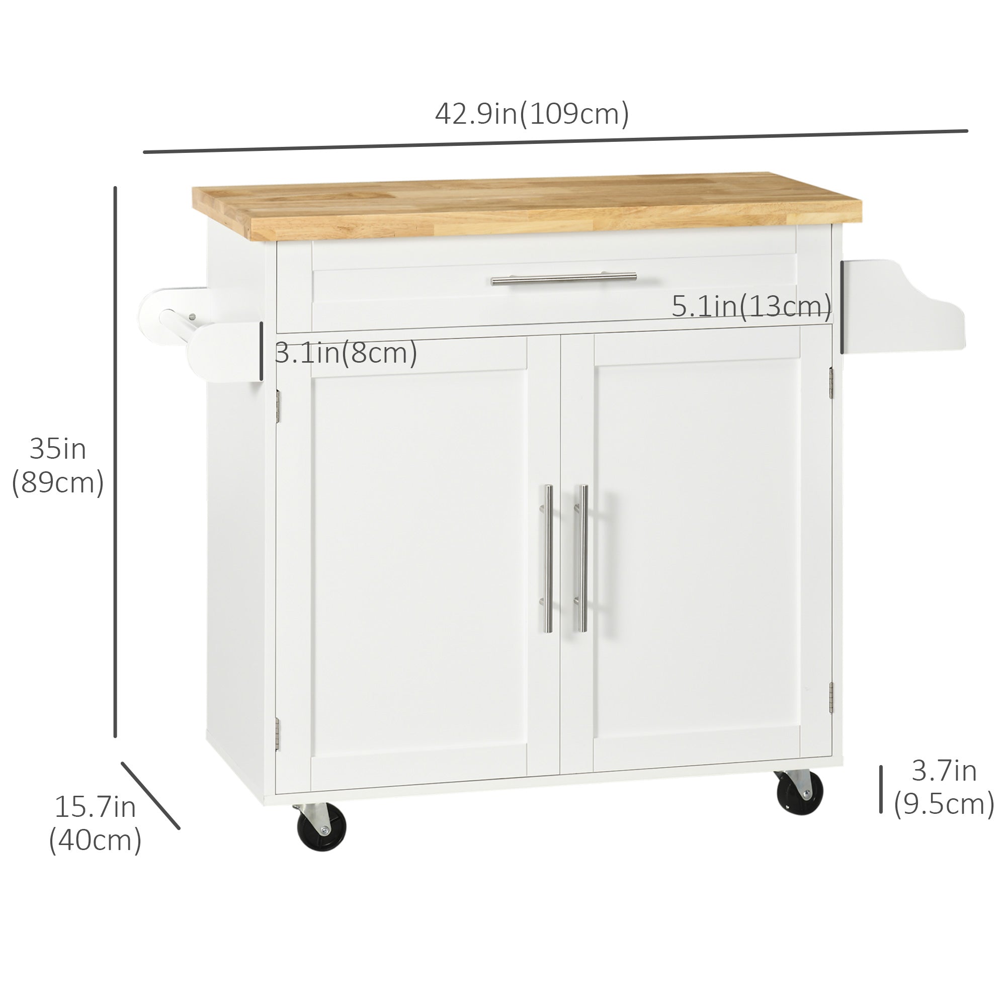Rolling Kitchen Island Cart with Rubberwood Top - White-DECOROLALA