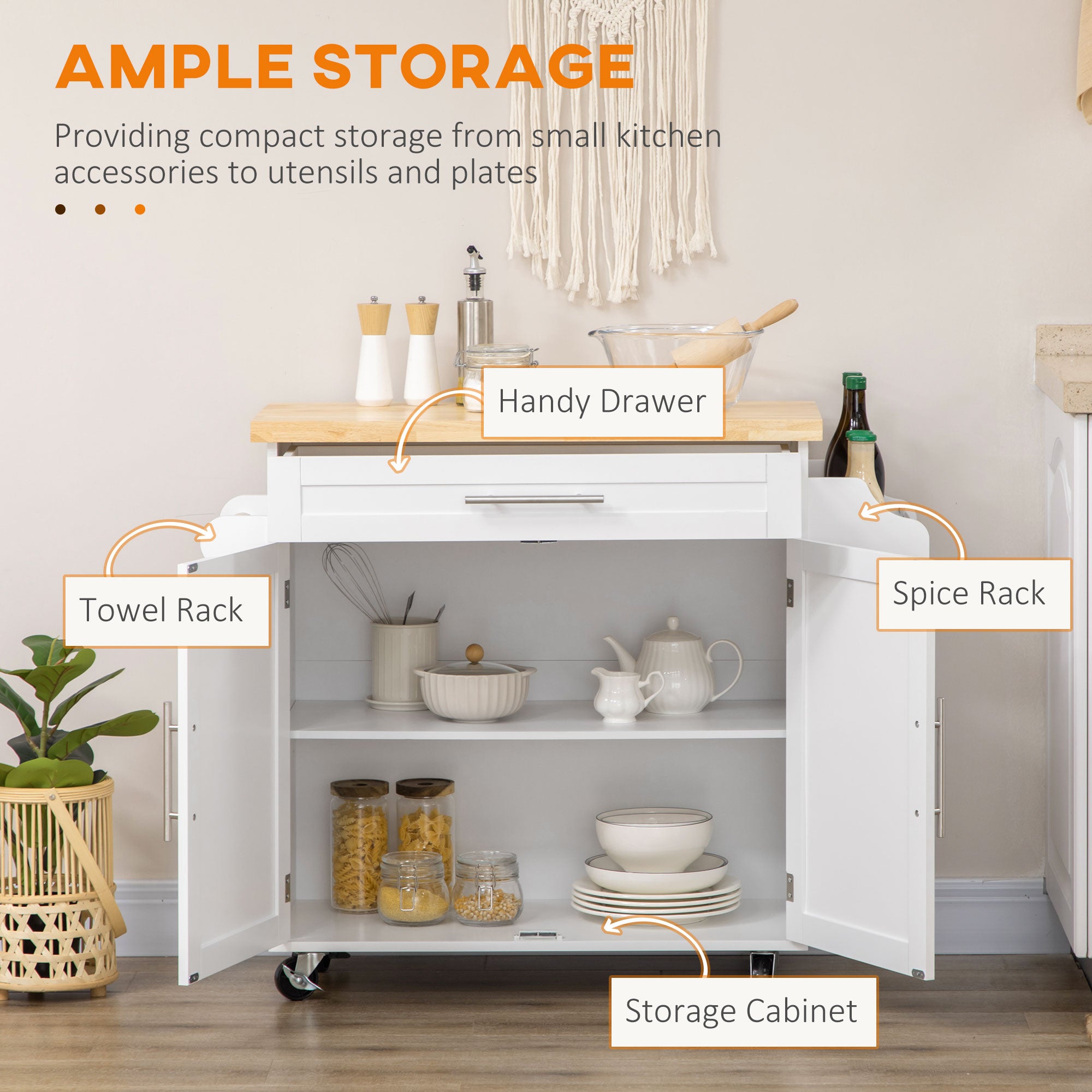 Rolling Kitchen Island Cart with Rubberwood Top - White-DECOROLALA