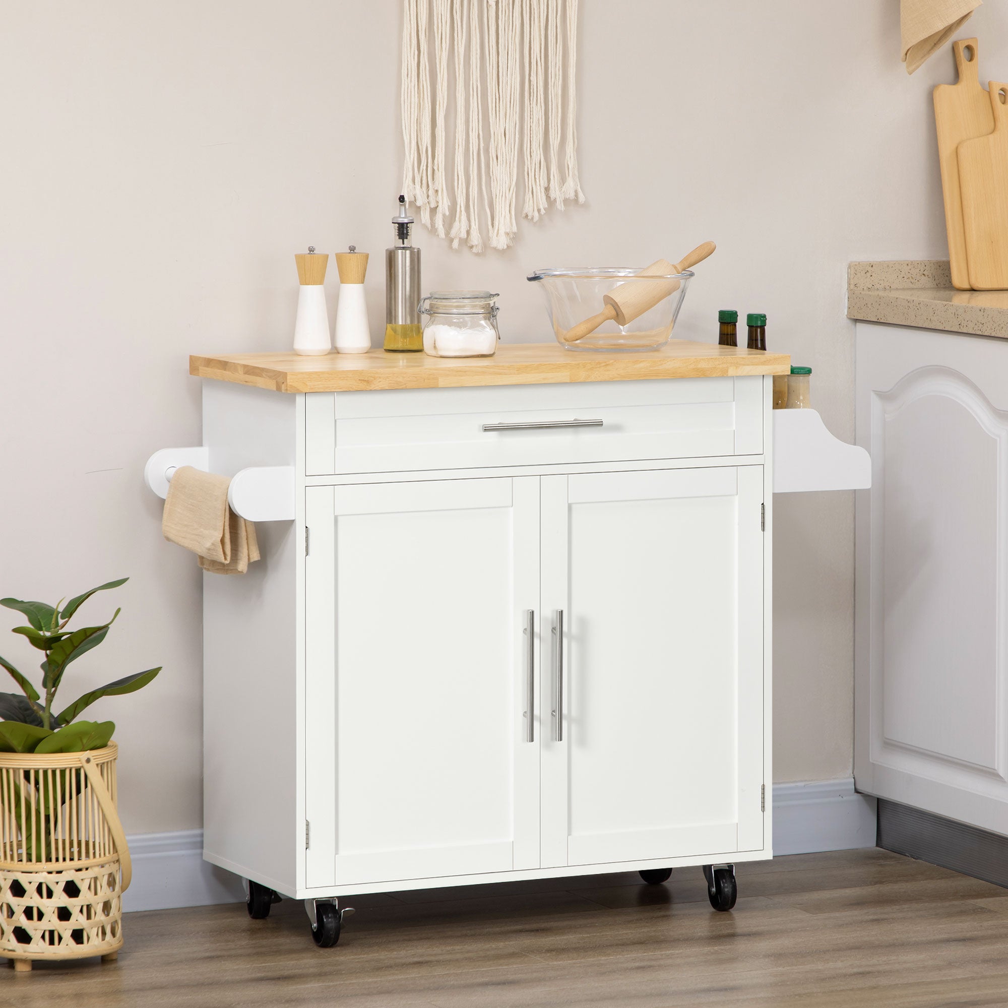 Rolling Kitchen Island Cart with Rubberwood Top - White-DECOROLALA