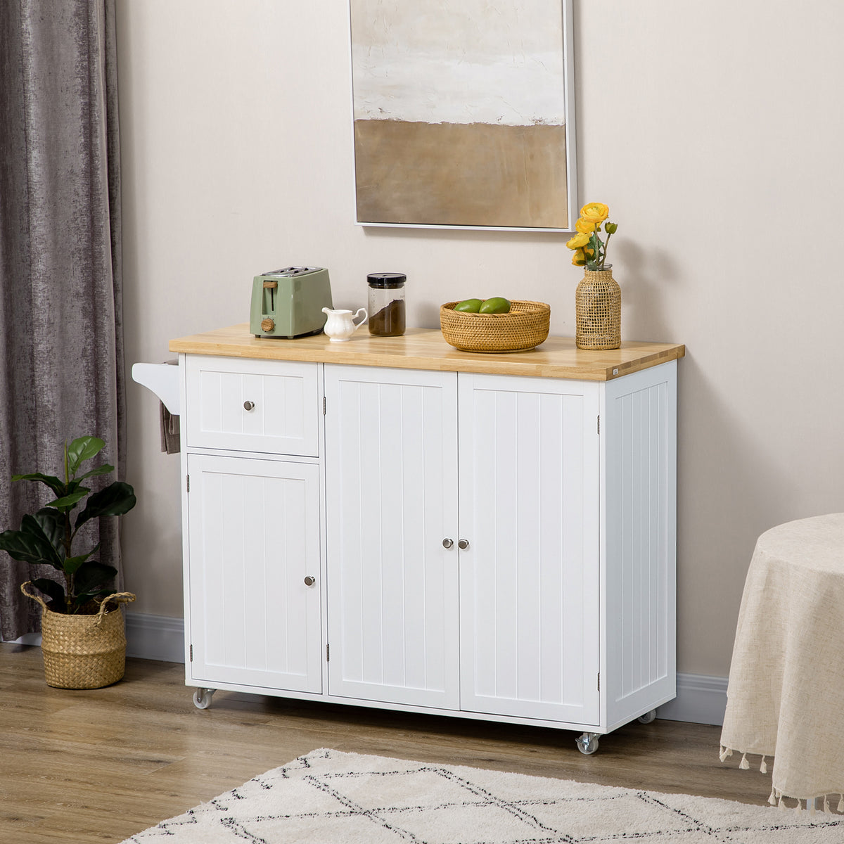 Rolling Kitchen Island Cart with Rubberwood Top - White-Kitchen Islands-DECOROLALA