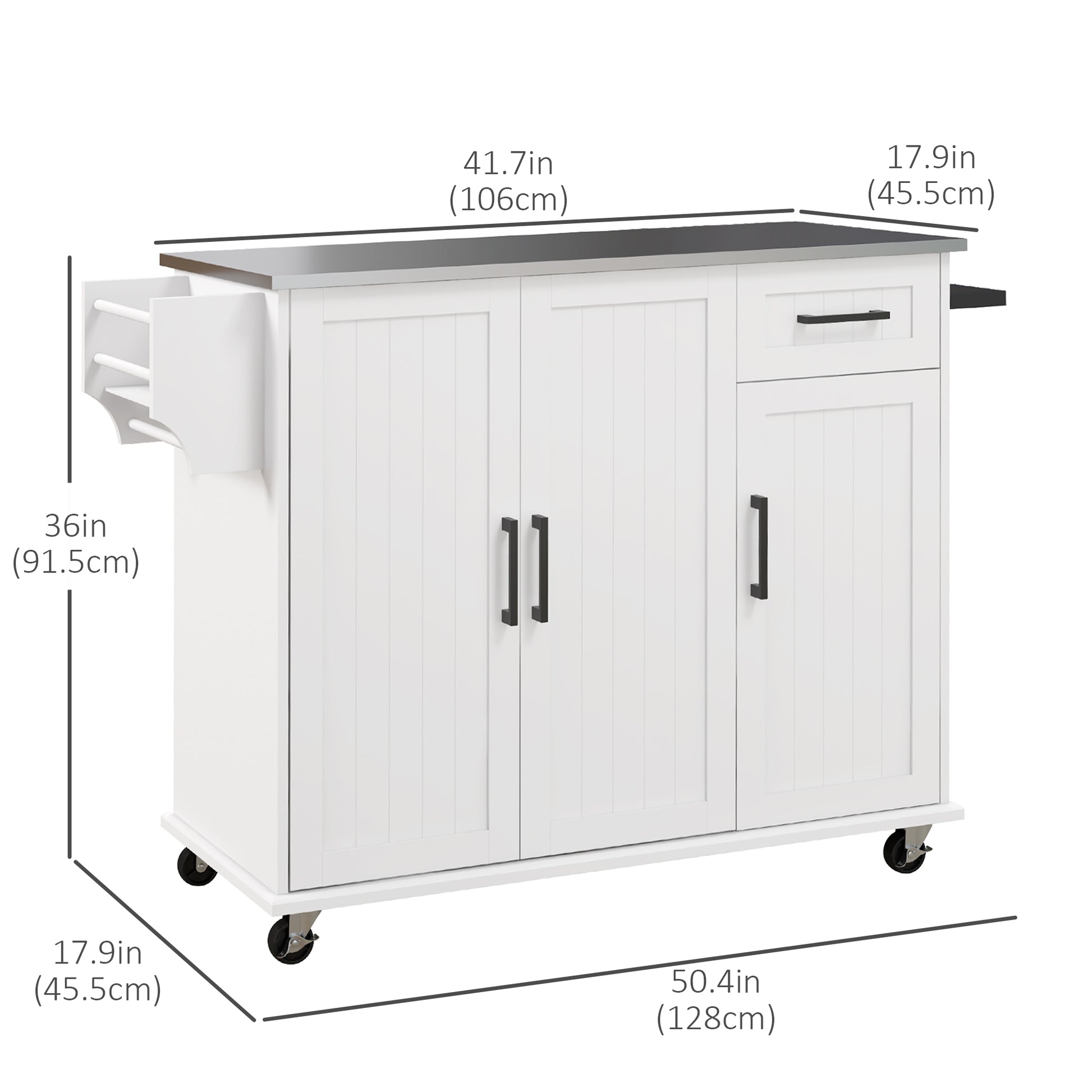 Rolling Kitchen Island Cart with Stainless Steel Top - White-DECOROLALA