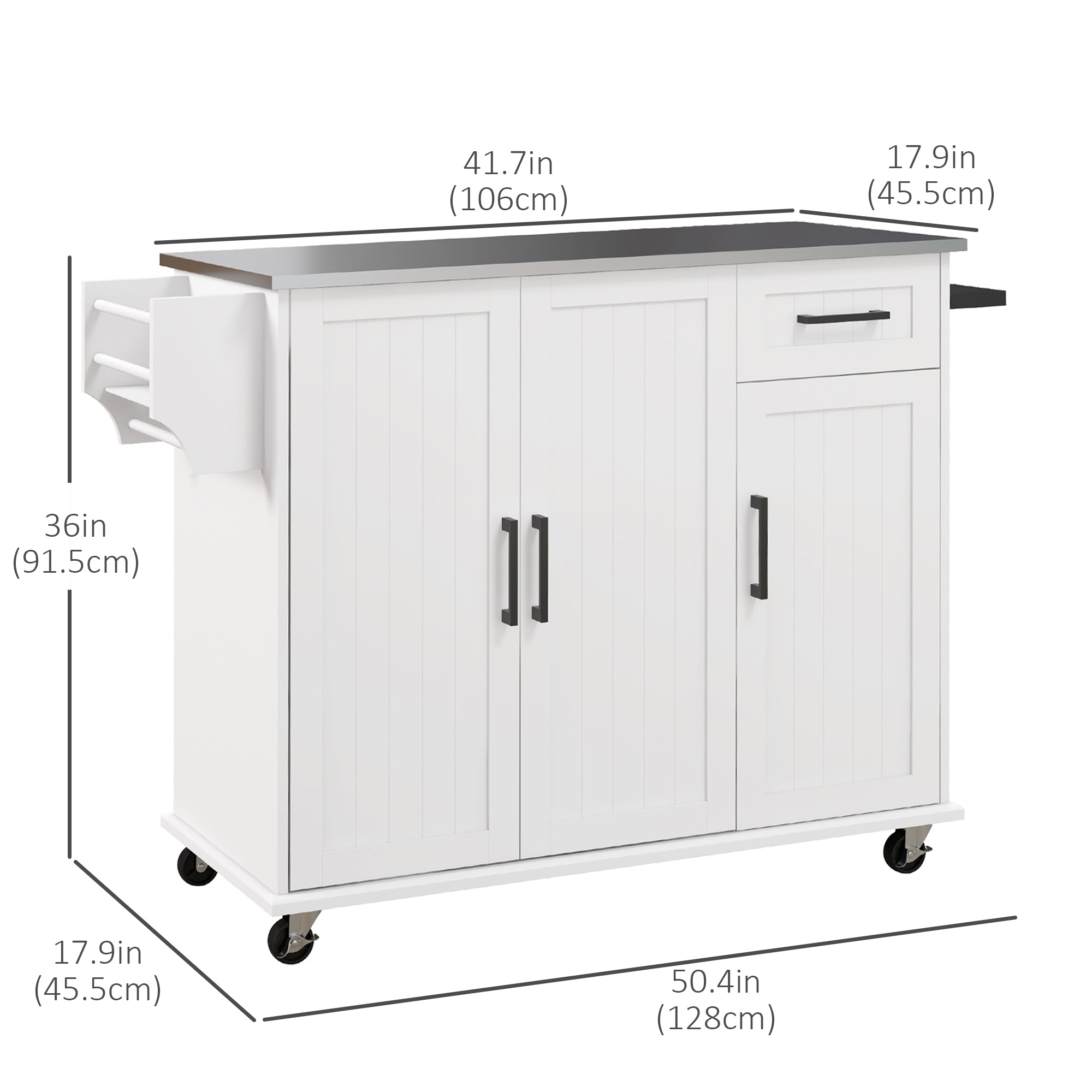 Rolling Kitchen Island Cart with Stainless Steel Top - White-DECOROLALA