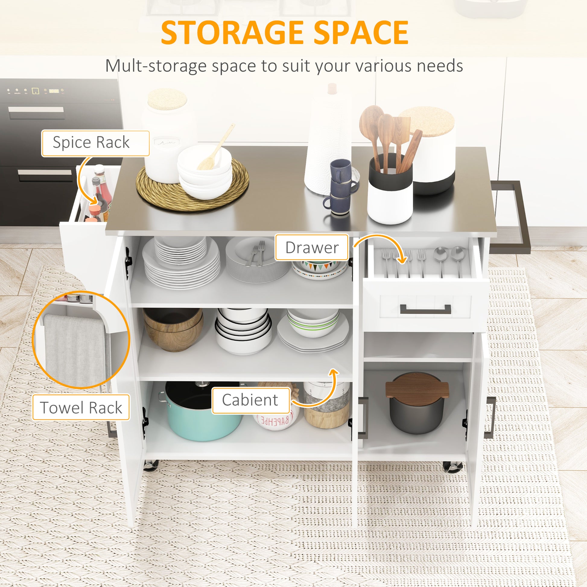 Rolling Kitchen Island Cart with Stainless Steel Top - White-DECOROLALA