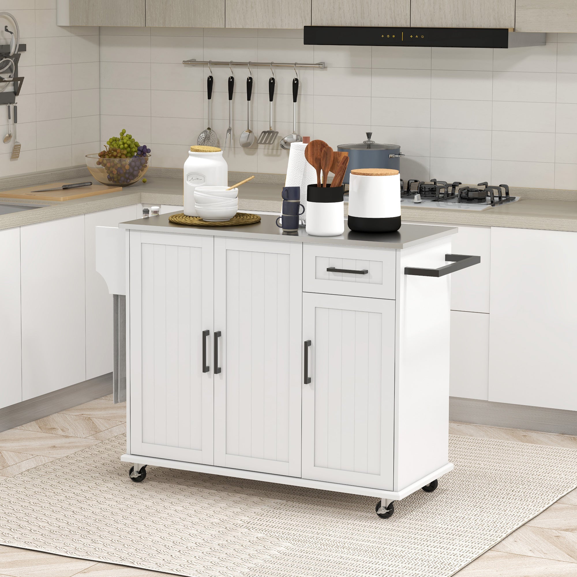Rolling Kitchen Island Cart with Stainless Steel Top - White-DECOROLALA