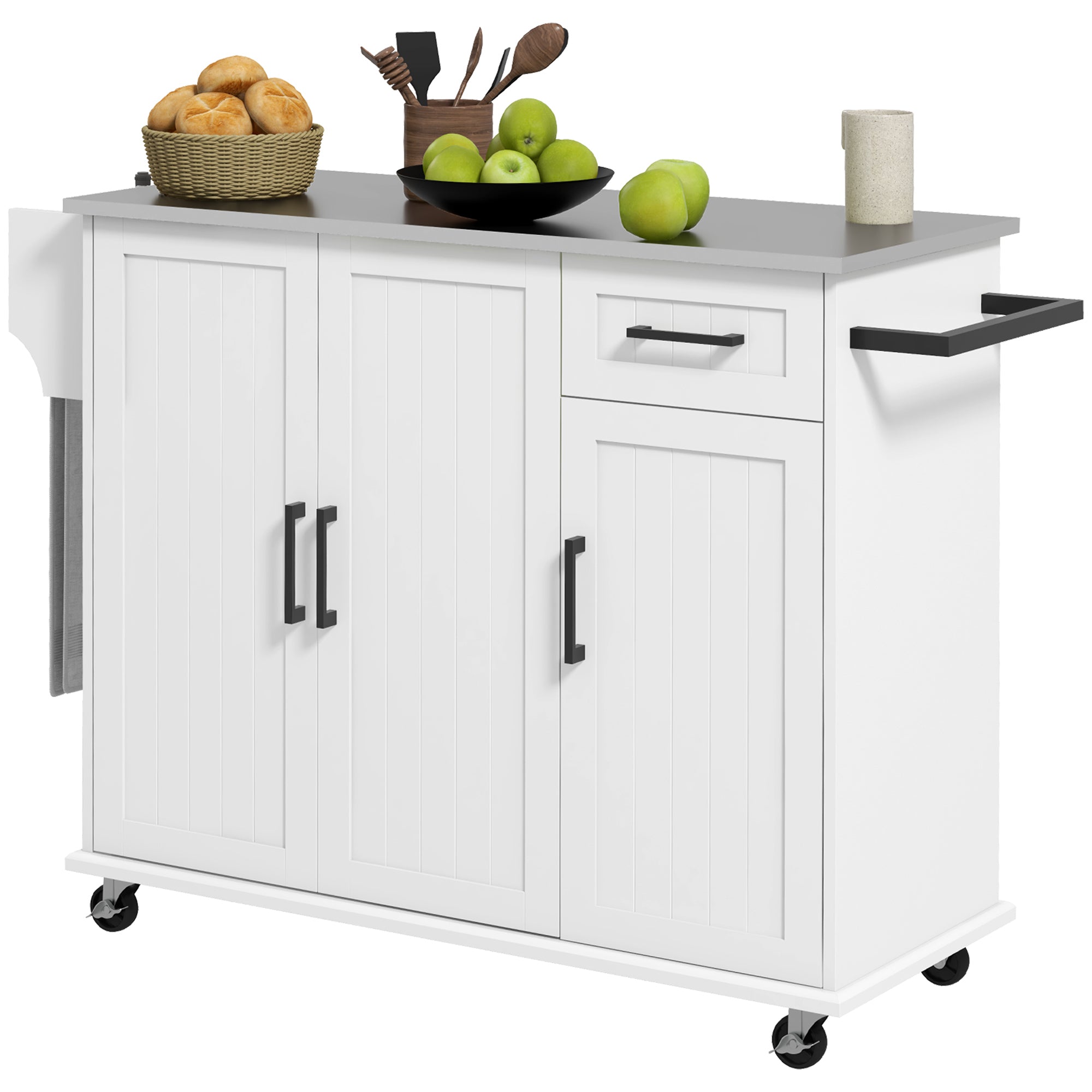 Rolling Kitchen Island Cart with Stainless Steel Top - White-DECOROLALA