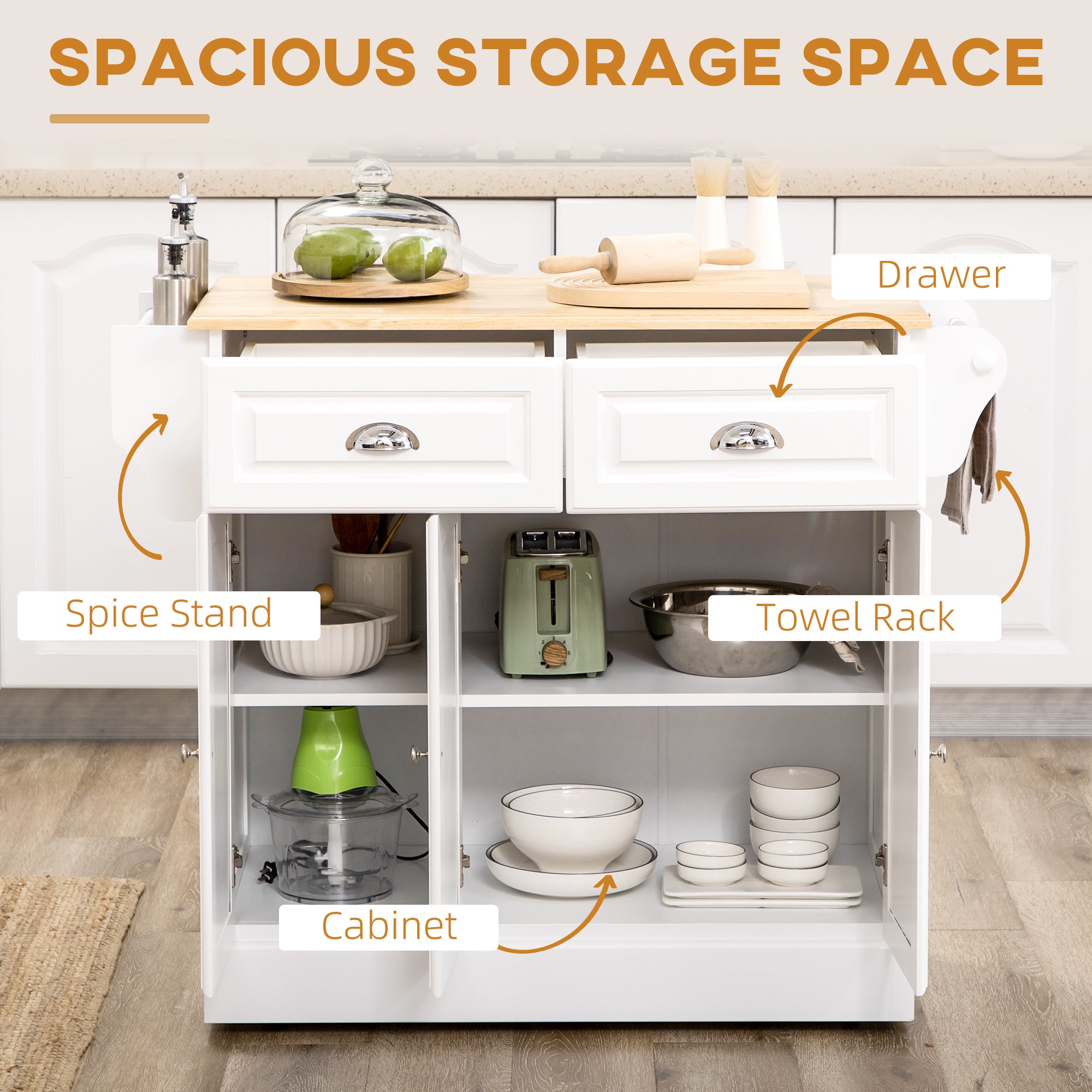Rolling Kitchen Island Cart with Wood Top - White-DECOROLALA