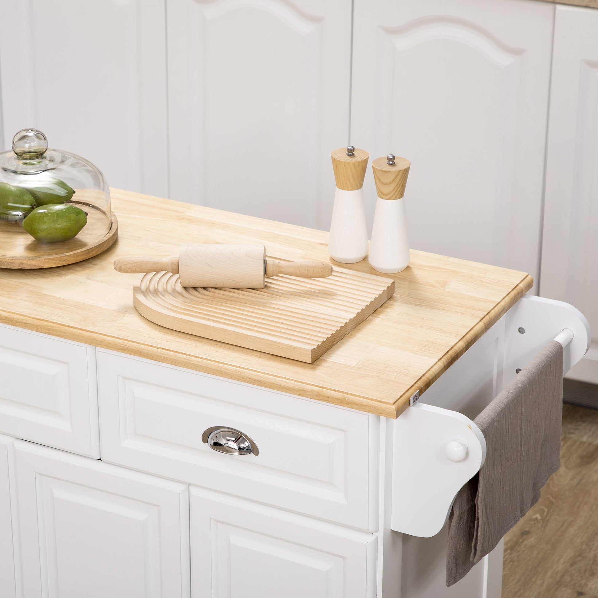 Rolling Kitchen Island Cart with Wood Top - White-DECOROLALA
