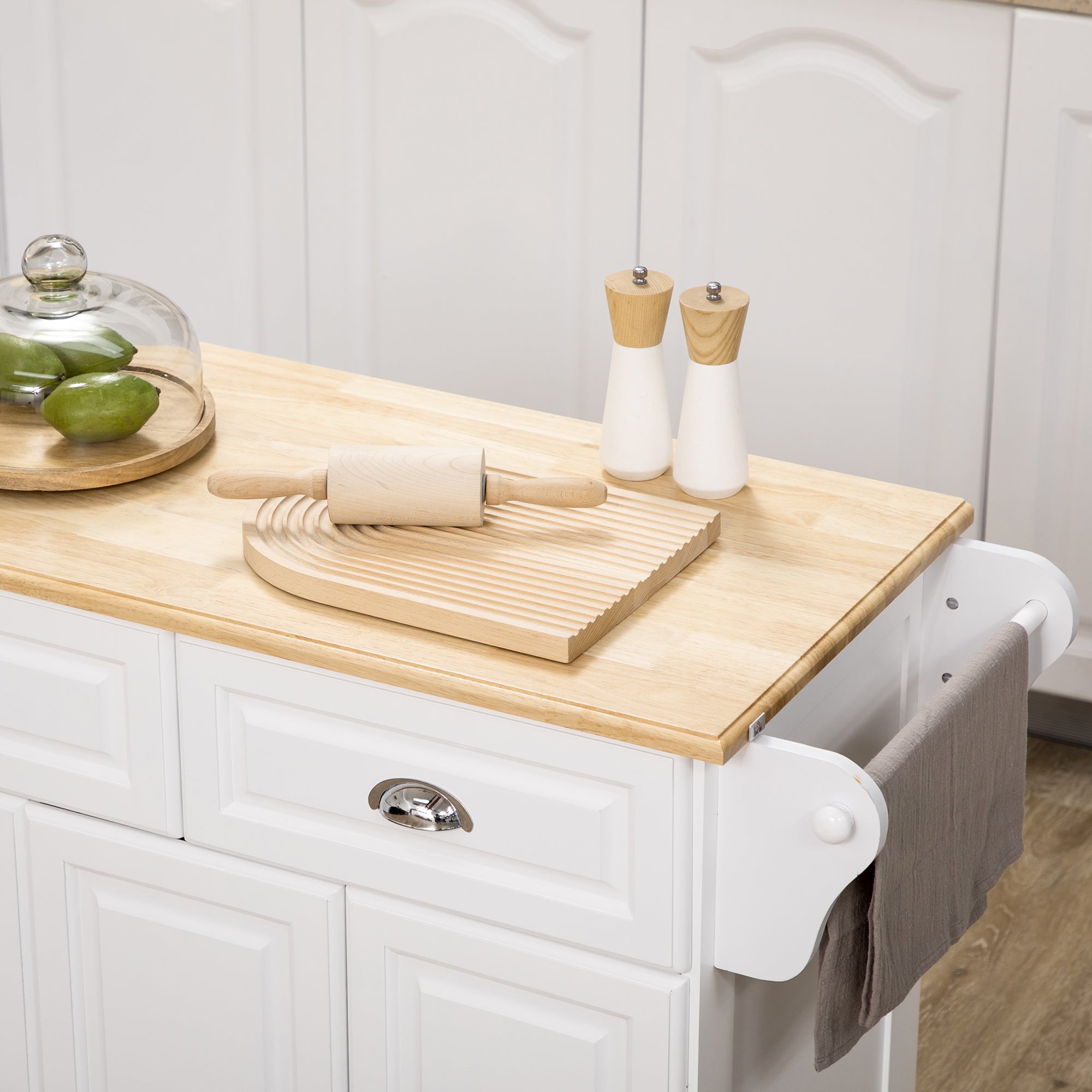 Rolling Kitchen Island Cart with Wood Top - White-DECOROLALA