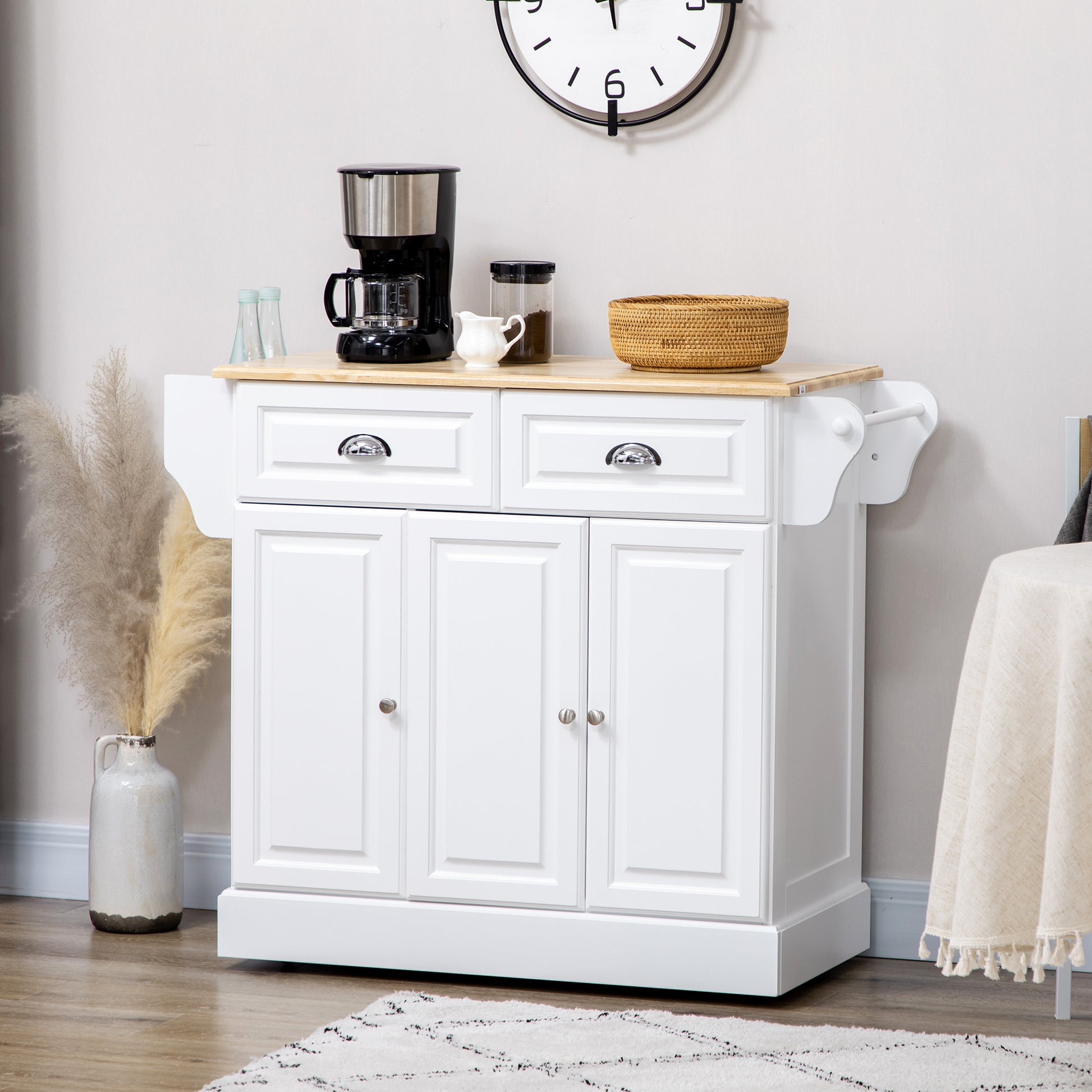 Rolling Kitchen Island Cart with Wood Top - White-DECOROLALA