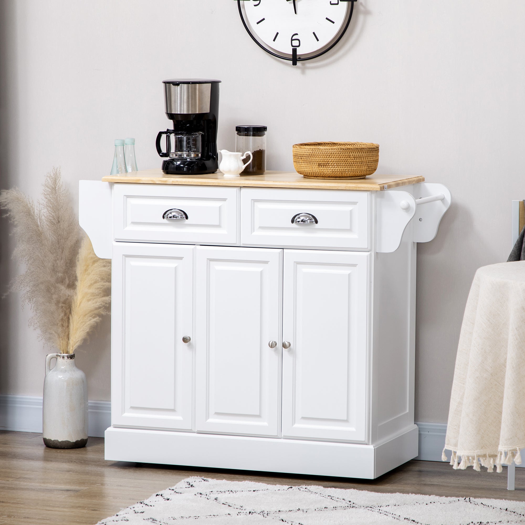 Rolling Kitchen Island Cart with Wood Top - White-DECOROLALA