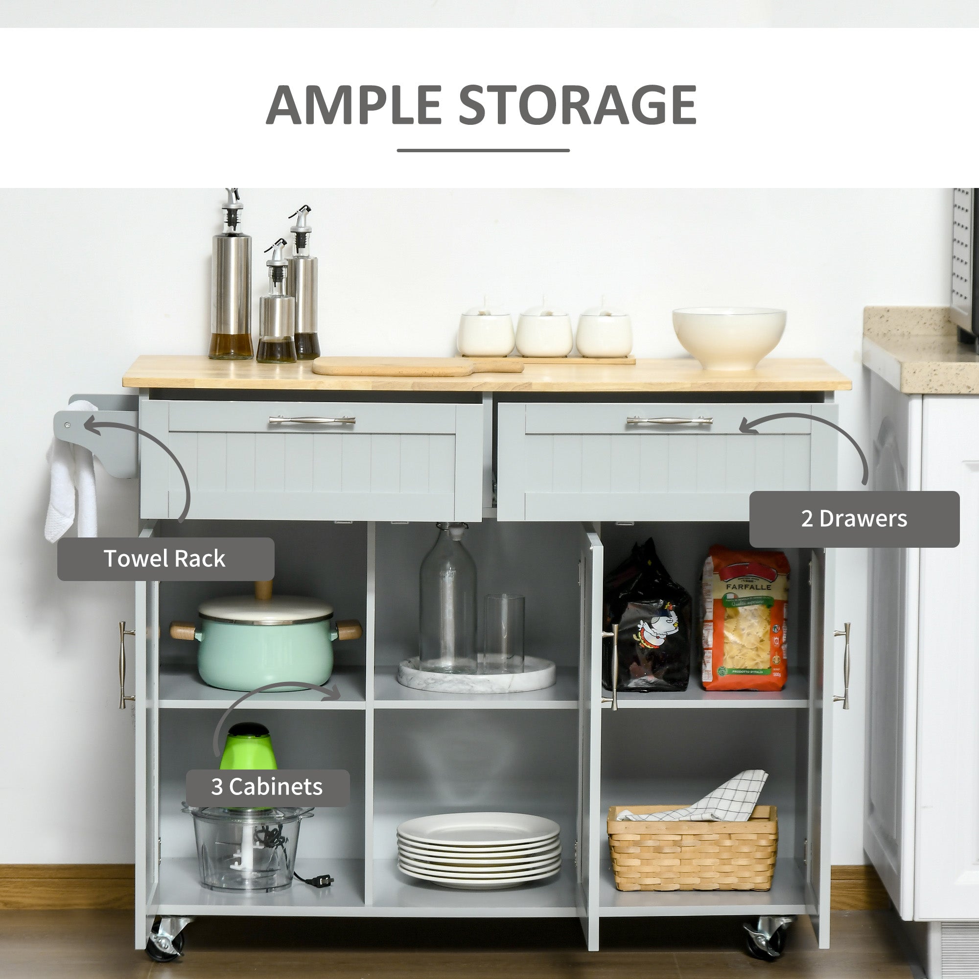 Rolling Kitchen Island - Grey 48" Cart with 3 Cabinets-DECOROLALA