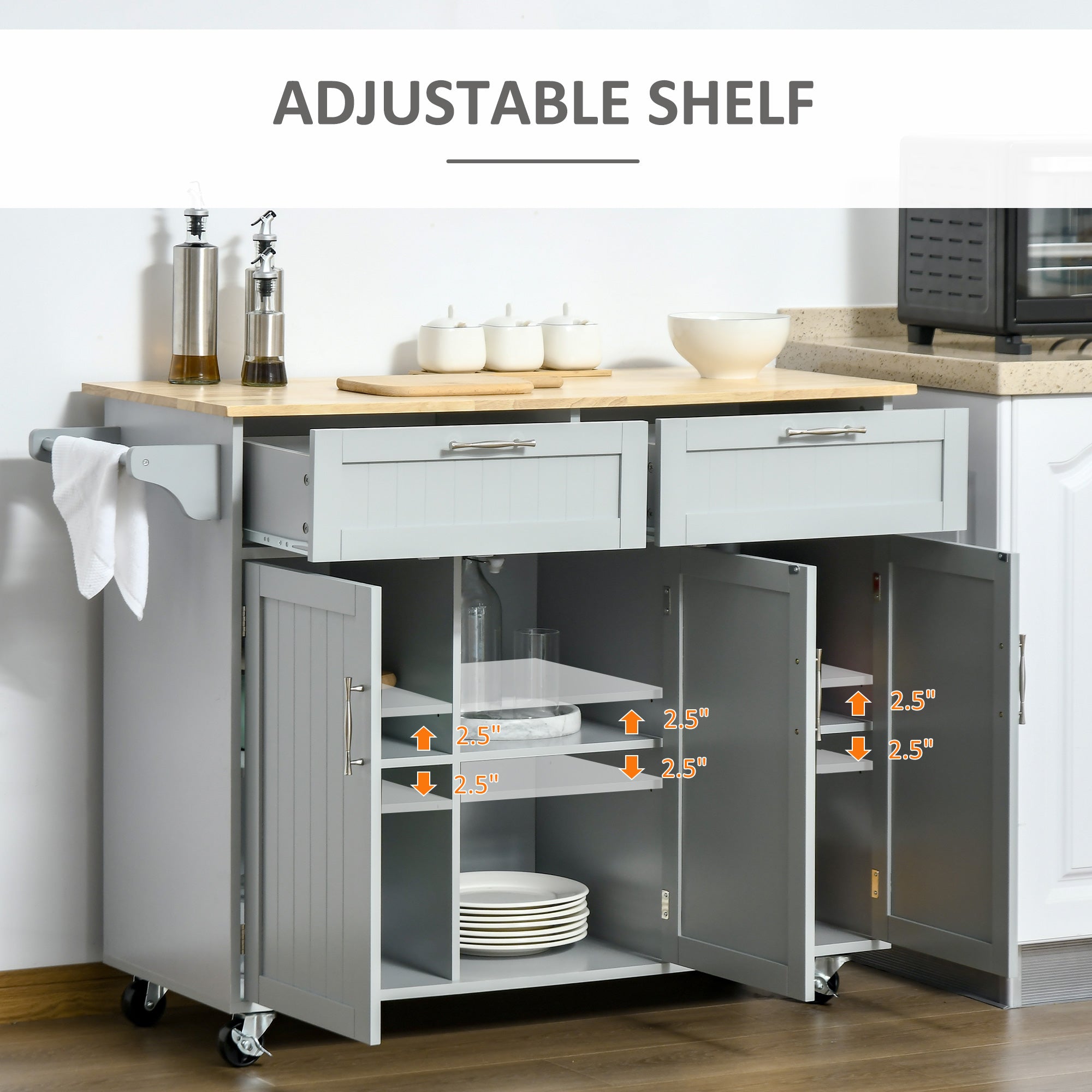 Rolling Kitchen Island - Grey 48" Cart with 3 Cabinets-DECOROLALA