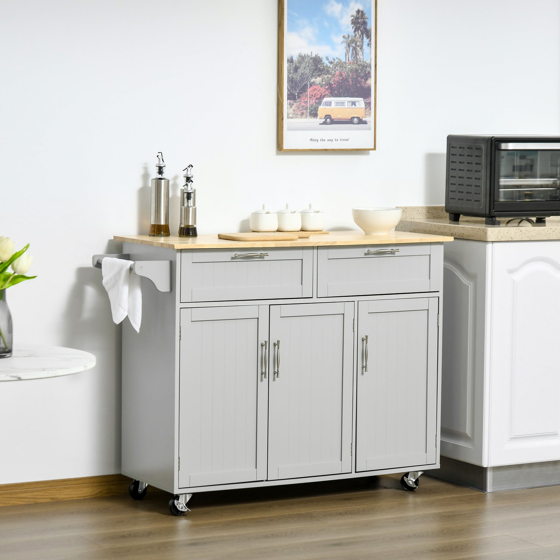 Rolling Kitchen Island - Grey 48" Cart with 3 Cabinets-DECOROLALA
