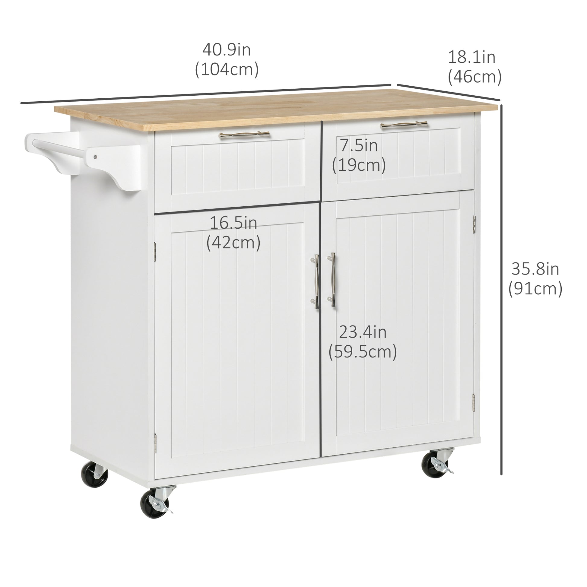Rolling Kitchen Island - White Rubberwood Top with Storage 41"-DECOROLALA