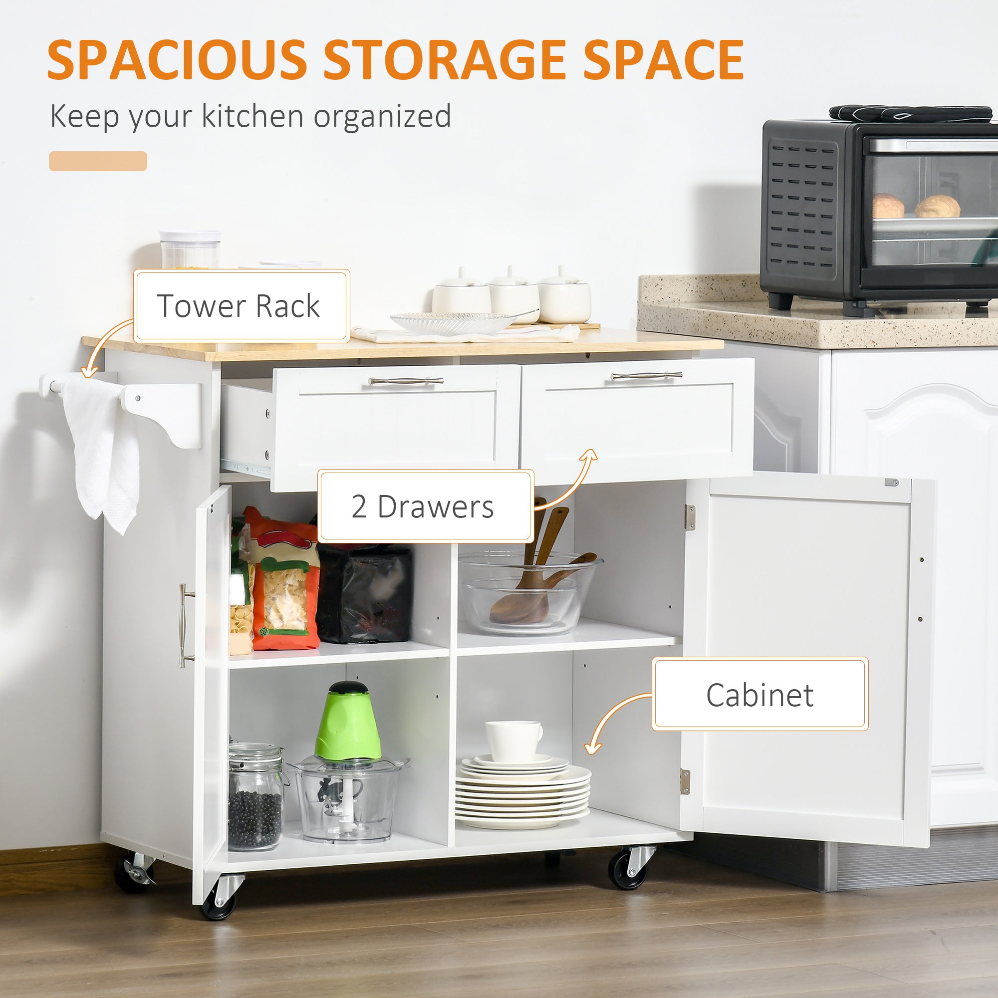 Rolling Kitchen Island - White Rubberwood Top with Storage 41"-DECOROLALA