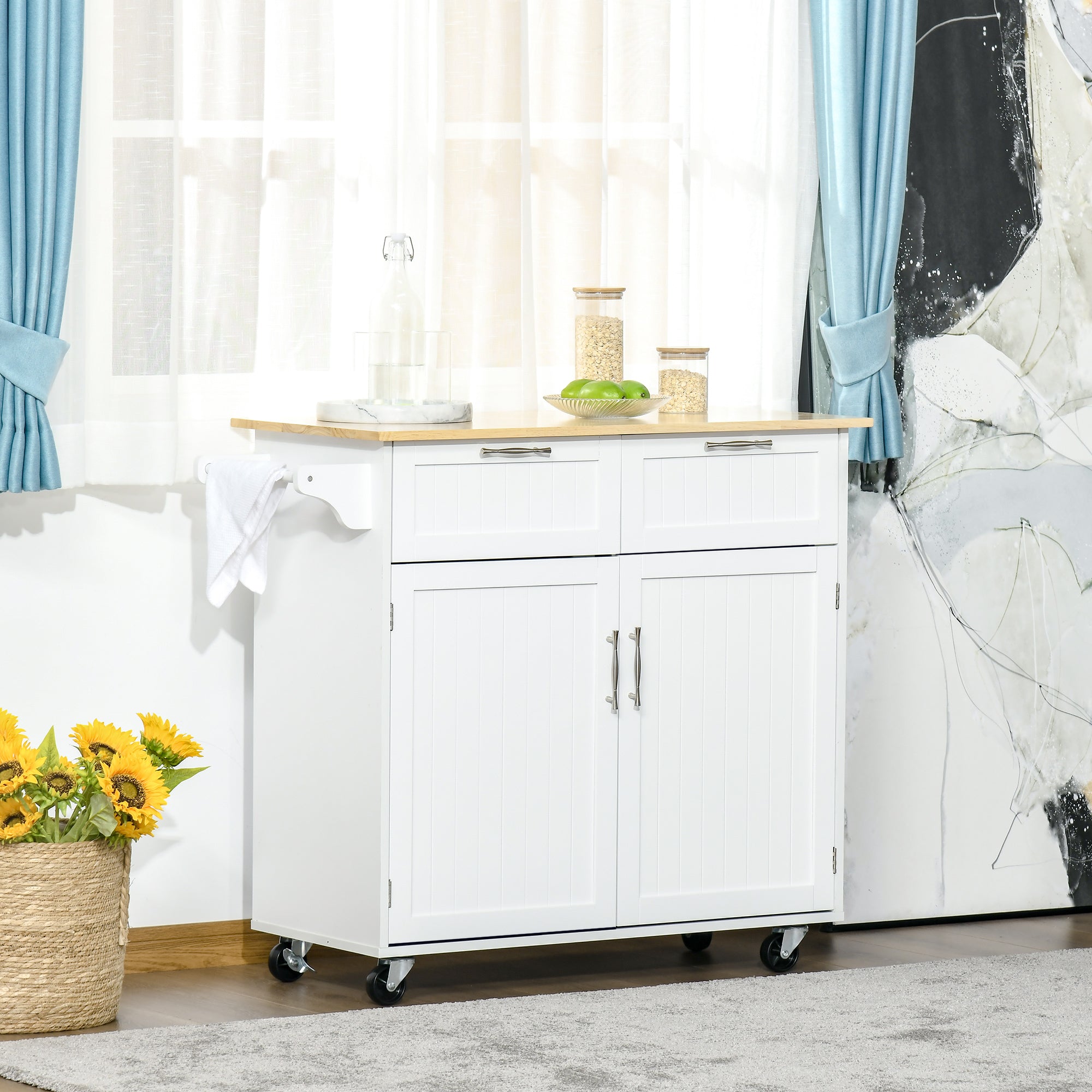 Rolling Kitchen Island - White Rubberwood Top with Storage 41"-DECOROLALA