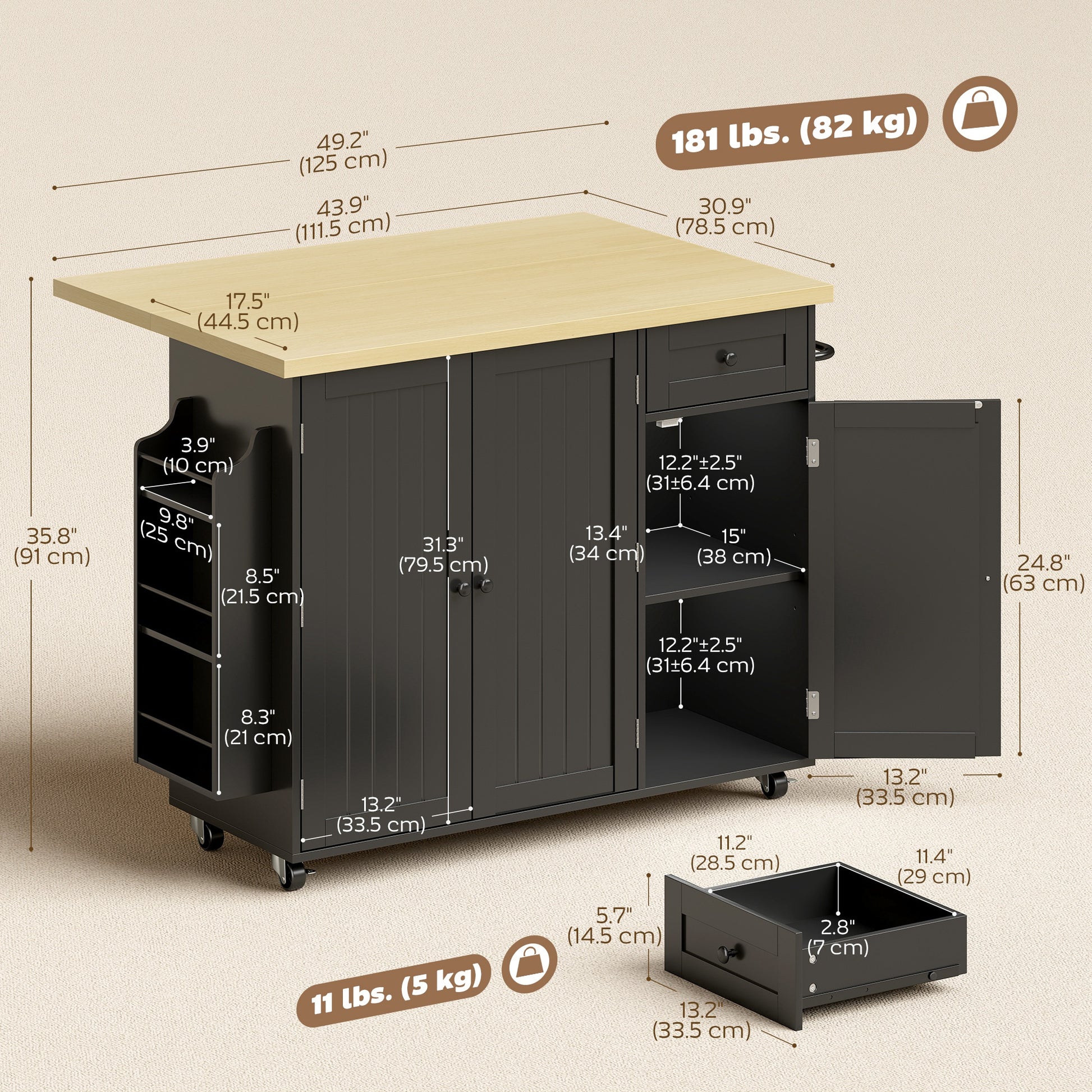 Rolling Kitchen Island with Drop Leaf - Black Farmhouse Style-DECOROLALA