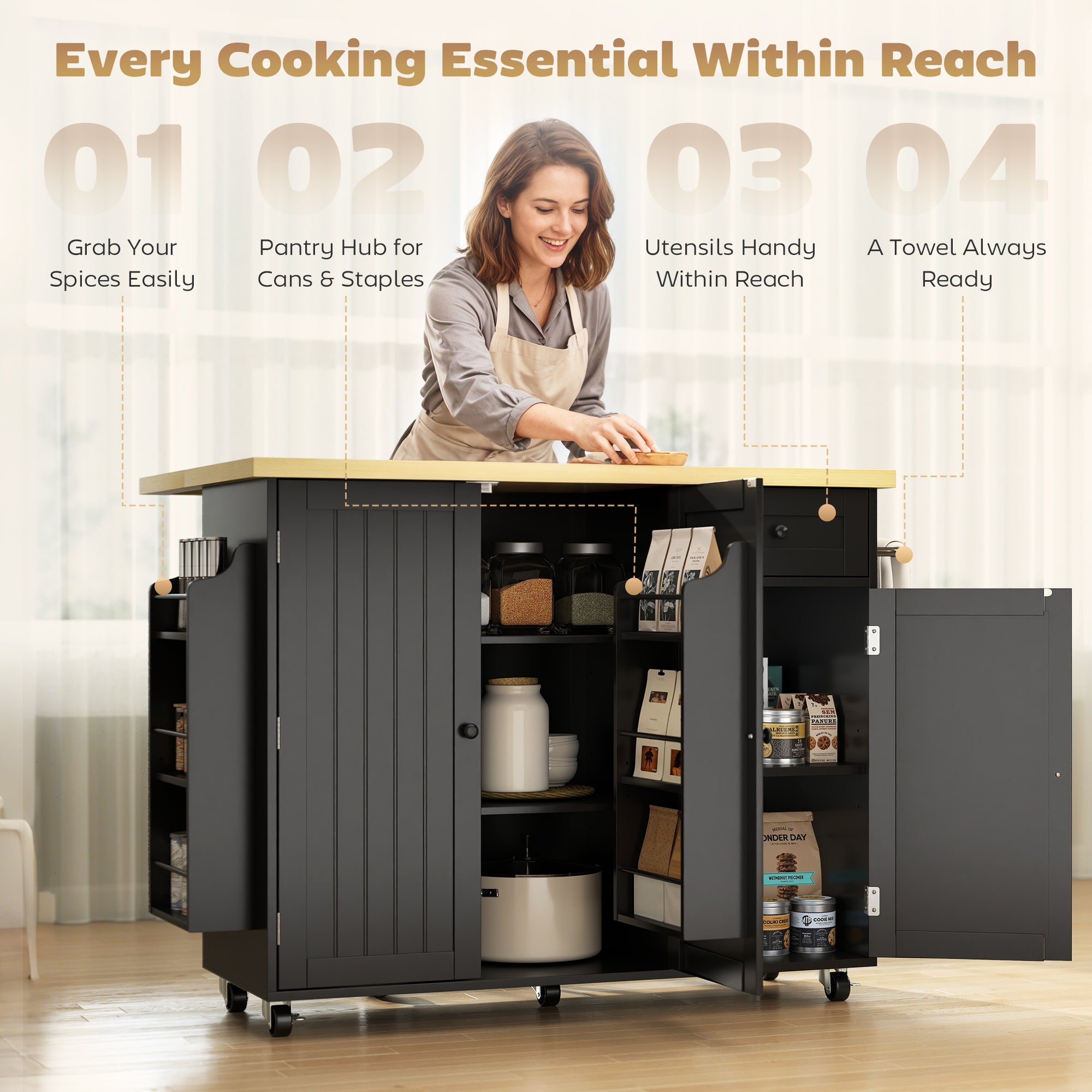 Rolling Kitchen Island with Drop Leaf - Black Farmhouse Style-DECOROLALA