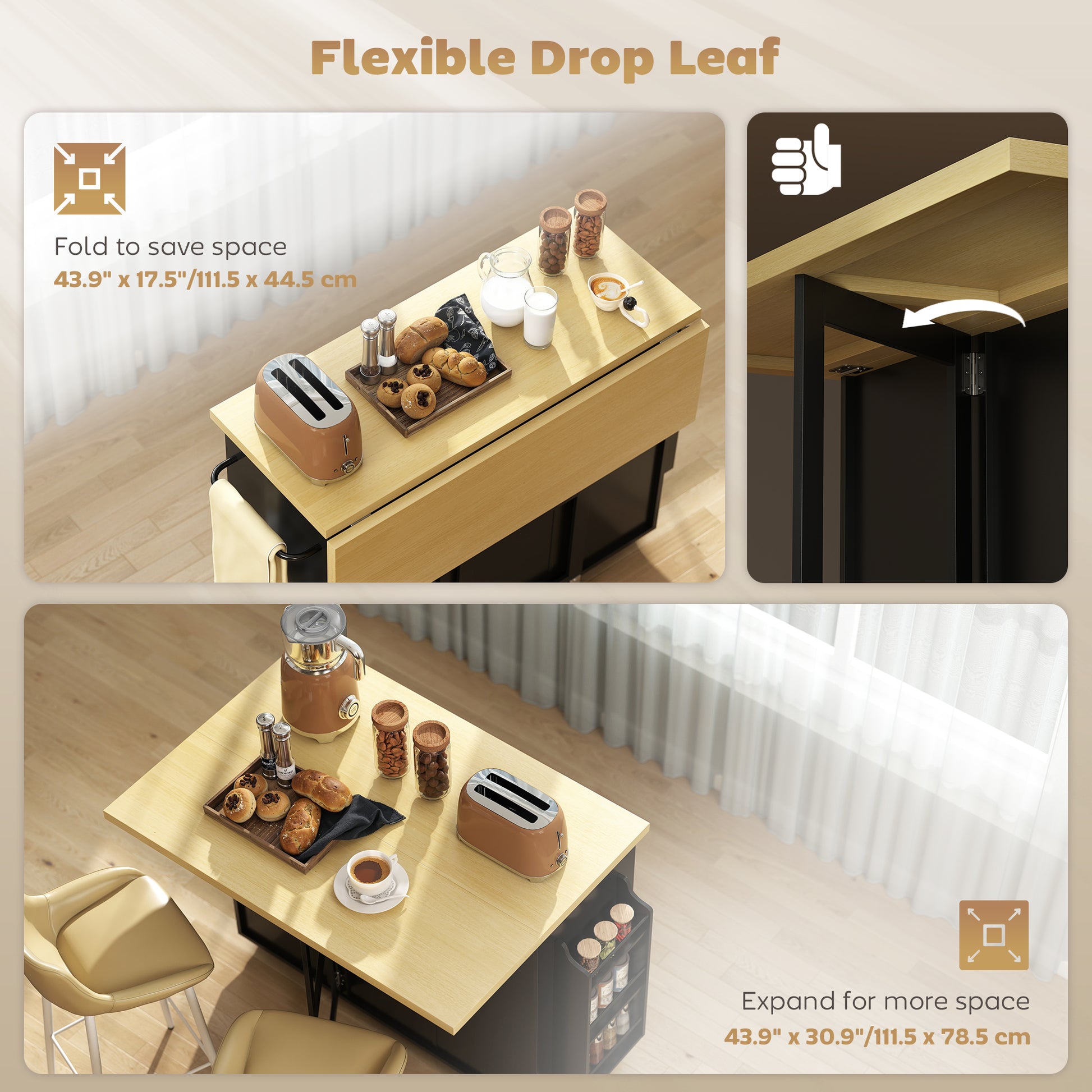Rolling Kitchen Island with Drop Leaf - Black Farmhouse Style-DECOROLALA