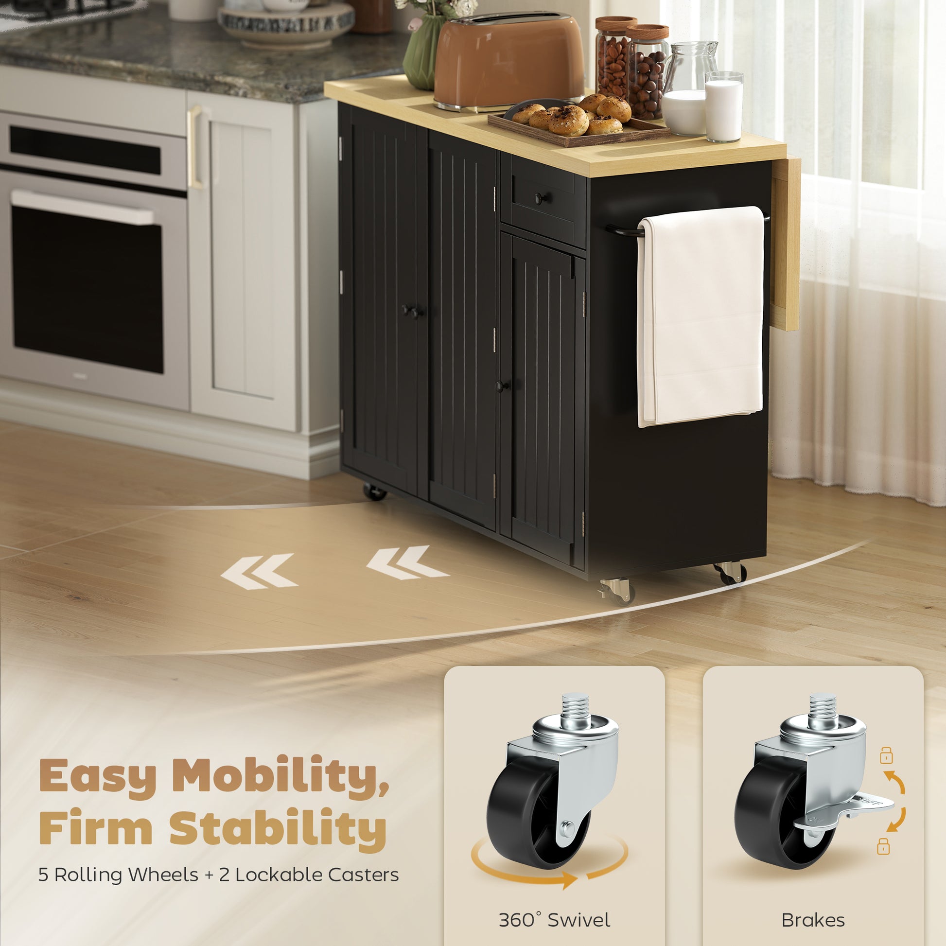 Rolling Kitchen Island with Drop Leaf - Black Farmhouse Style-DECOROLALA