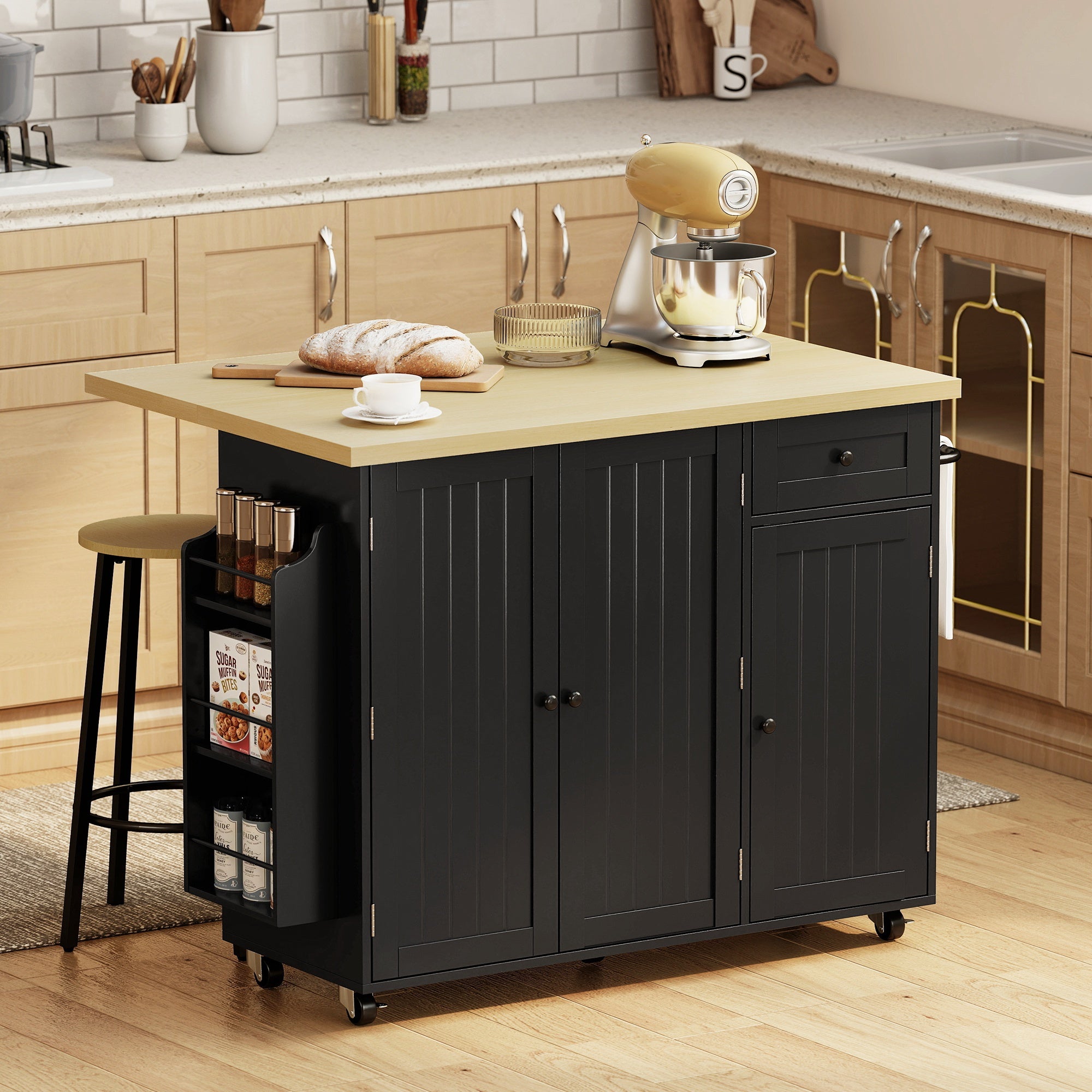 Rolling Kitchen Island with Drop Leaf - Black Farmhouse Style-DECOROLALA