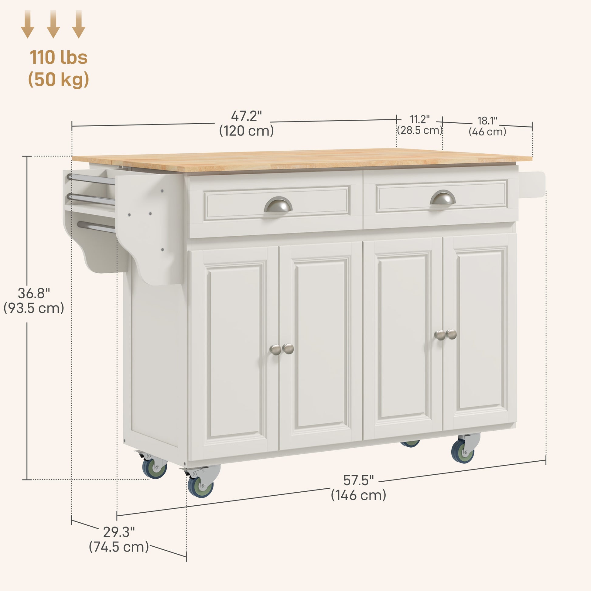 Rolling Kitchen Island with Drop Leaf - Cream White-DECOROLALA