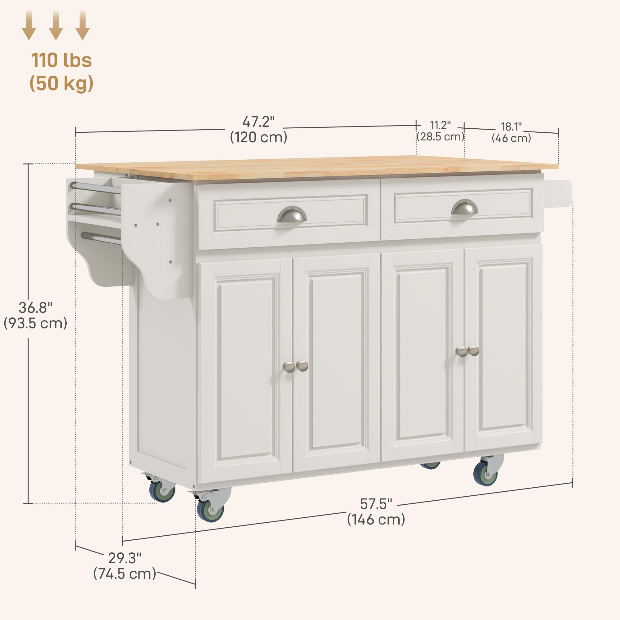 Rolling Kitchen Island with Drop Leaf - Cream White-DECOROLALA