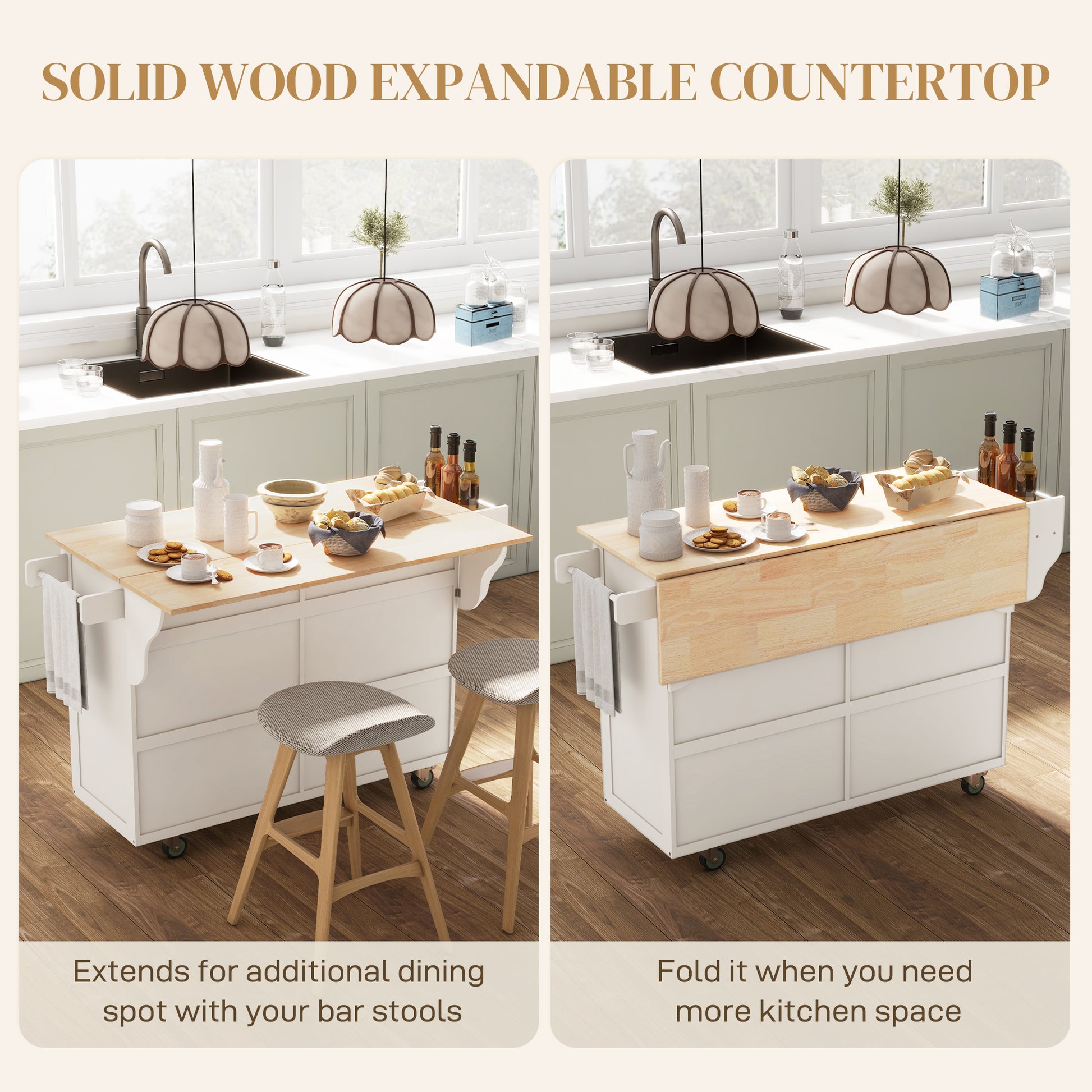 Rolling Kitchen Island with Drop Leaf - Cream White-DECOROLALA