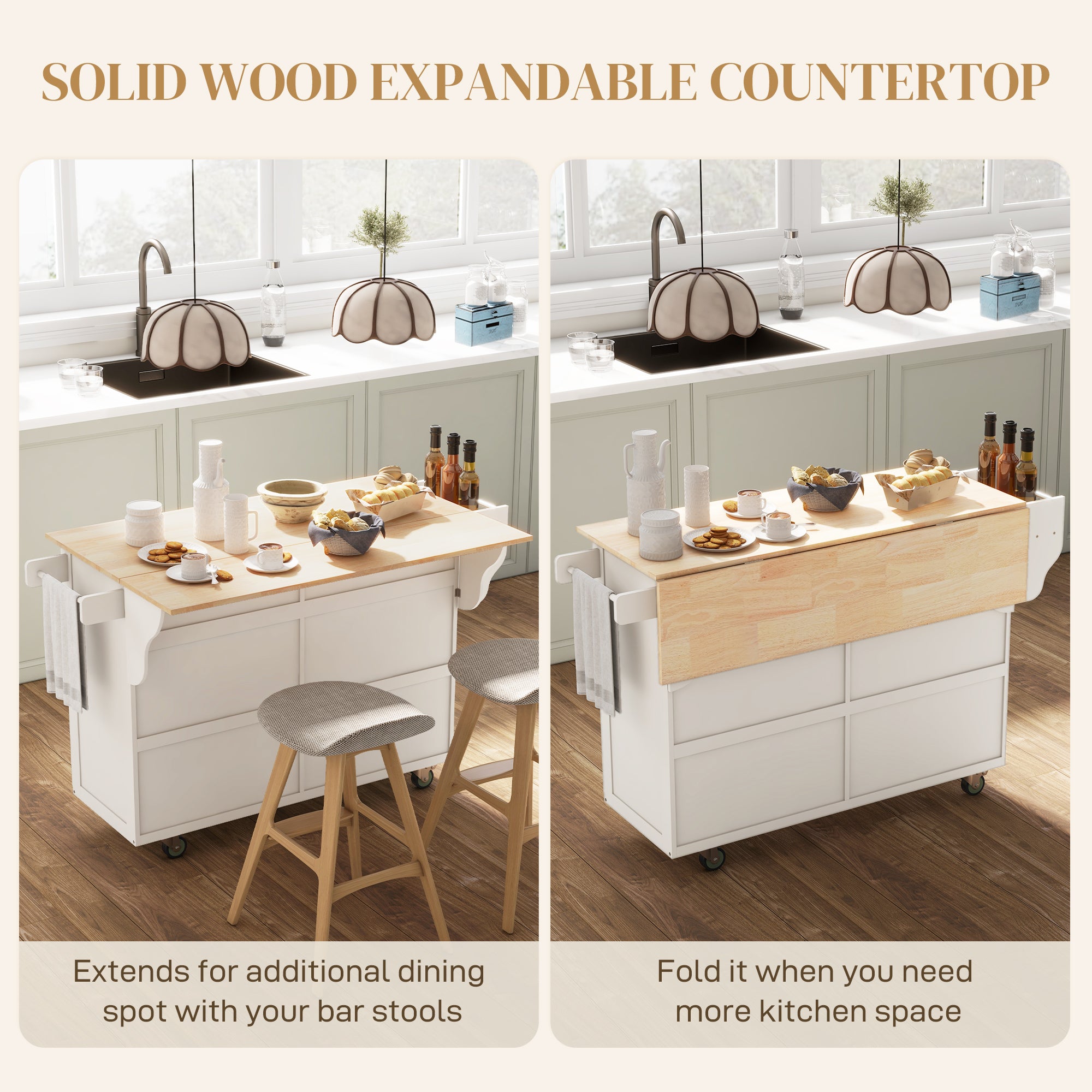 Rolling Kitchen Island with Drop Leaf - Cream White-DECOROLALA