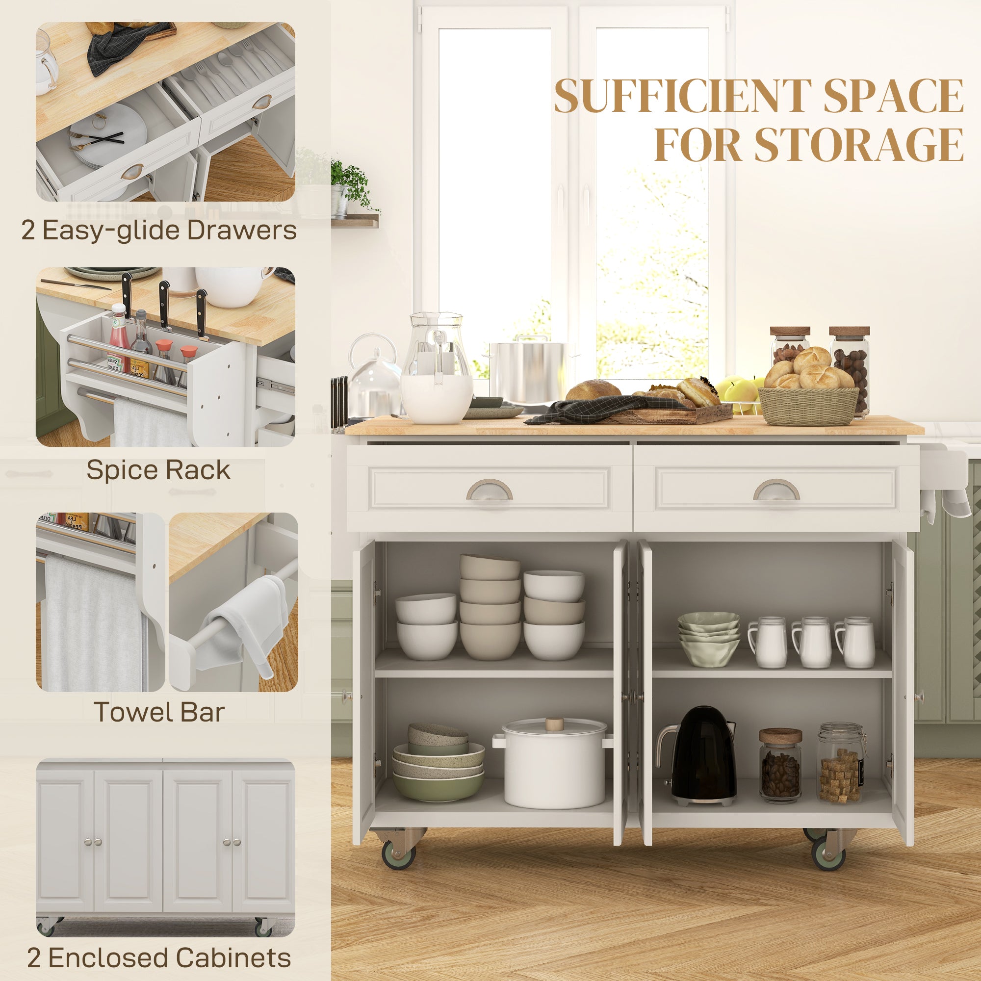 Rolling Kitchen Island with Drop Leaf - Cream White-DECOROLALA