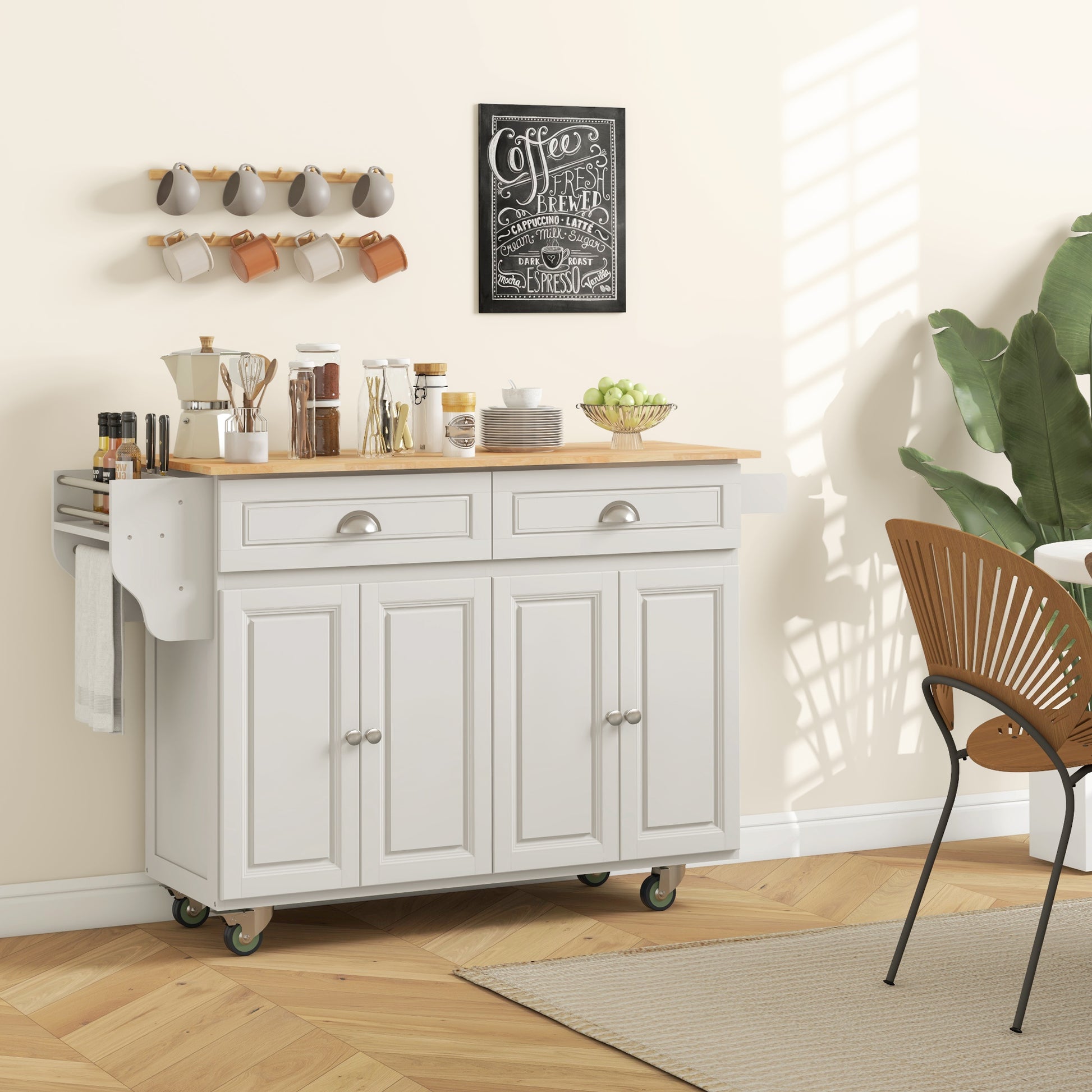 Rolling Kitchen Island with Drop Leaf - Cream White-DECOROLALA