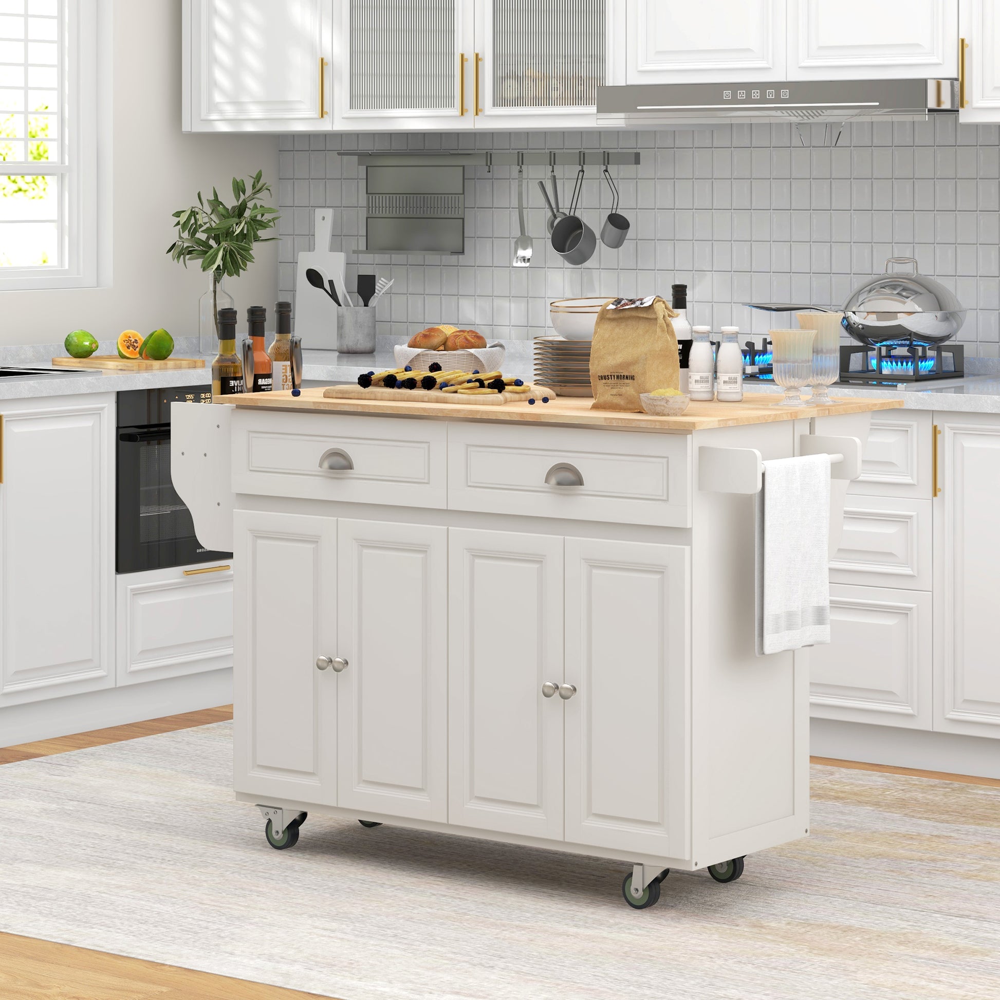 Rolling Kitchen Island with Drop Leaf - Cream White-DECOROLALA