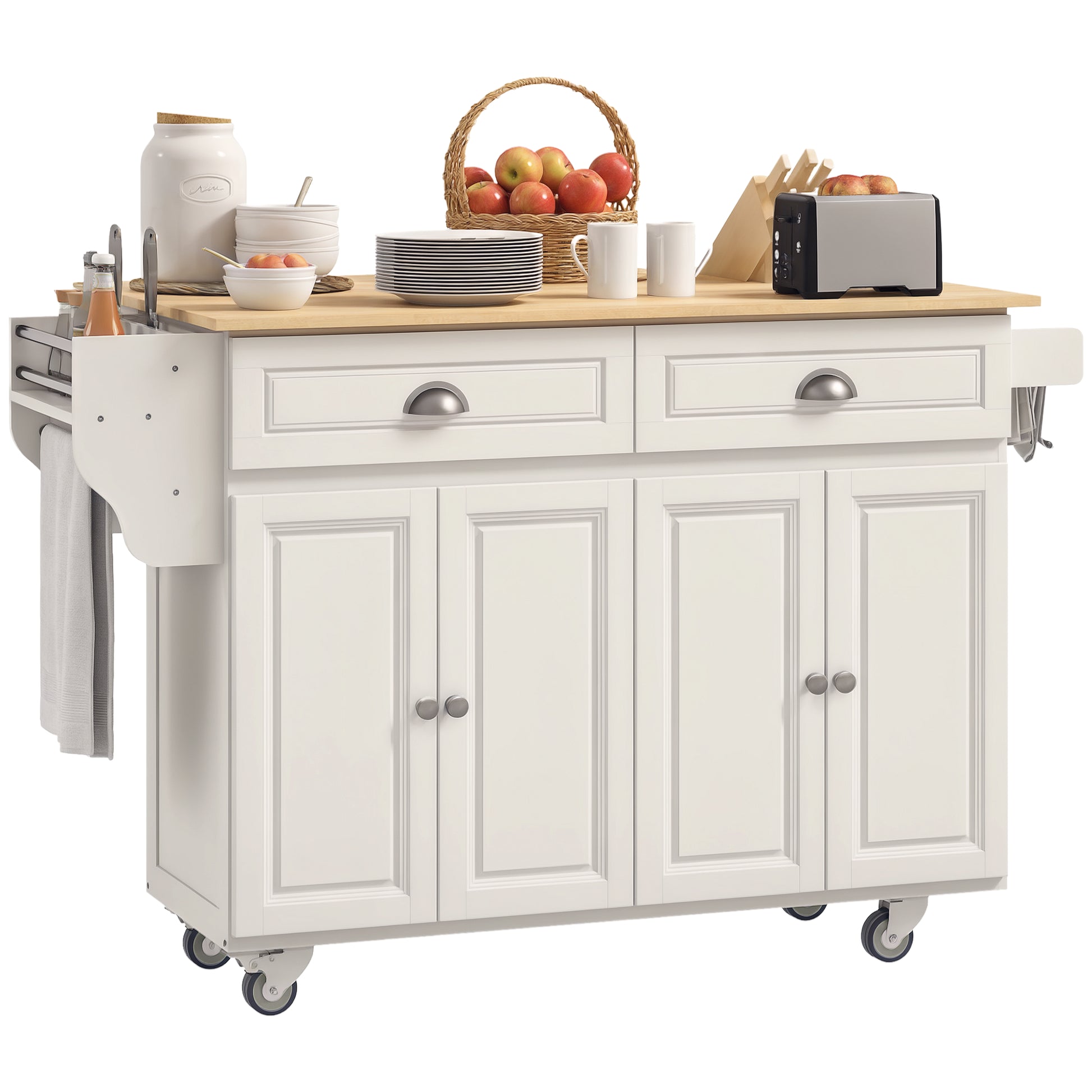Rolling Kitchen Island with Drop Leaf - Cream White-DECOROLALA